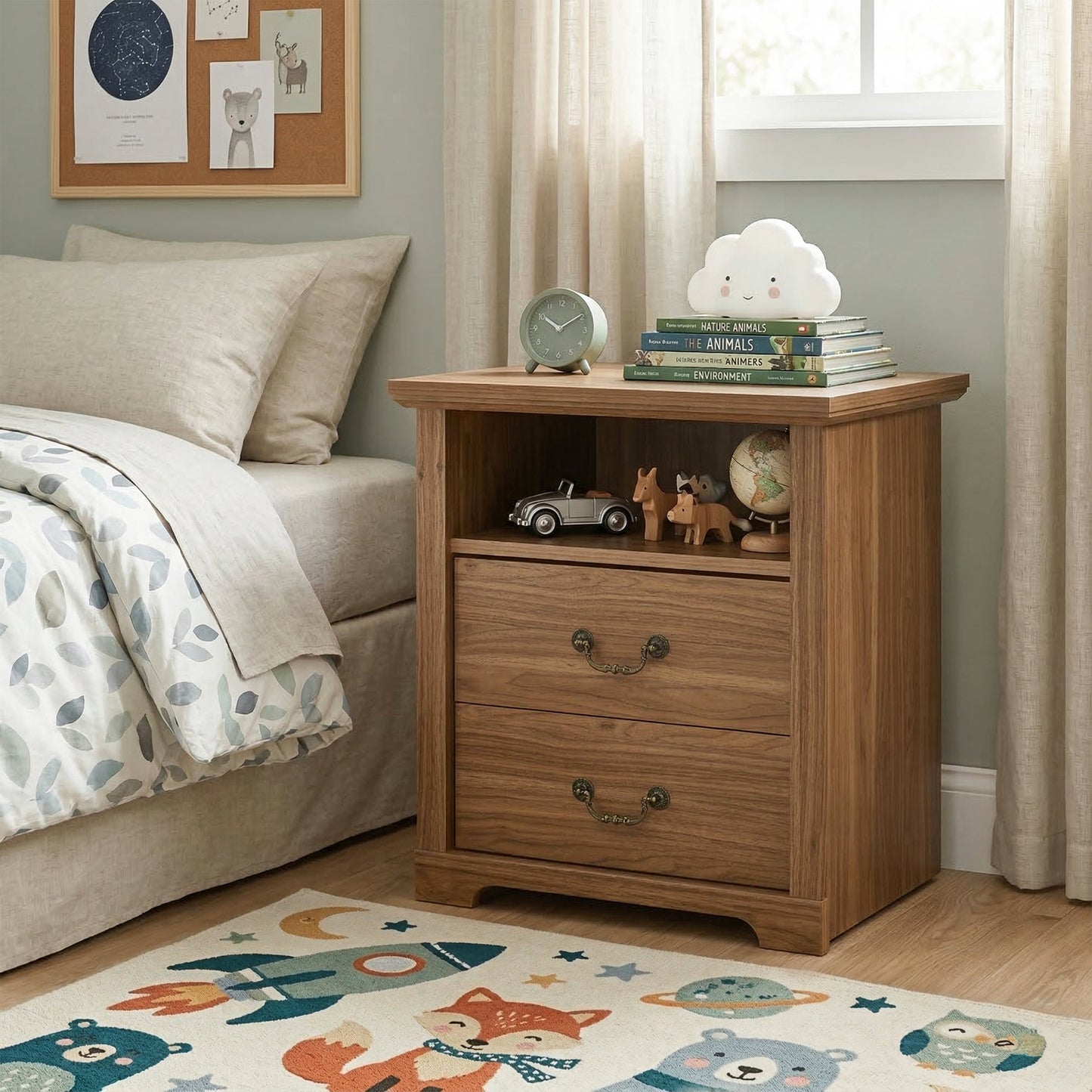 Furniture of America Chara Modern Wood 2-Drawer Nightstand with Open Top Shelf, Walnut