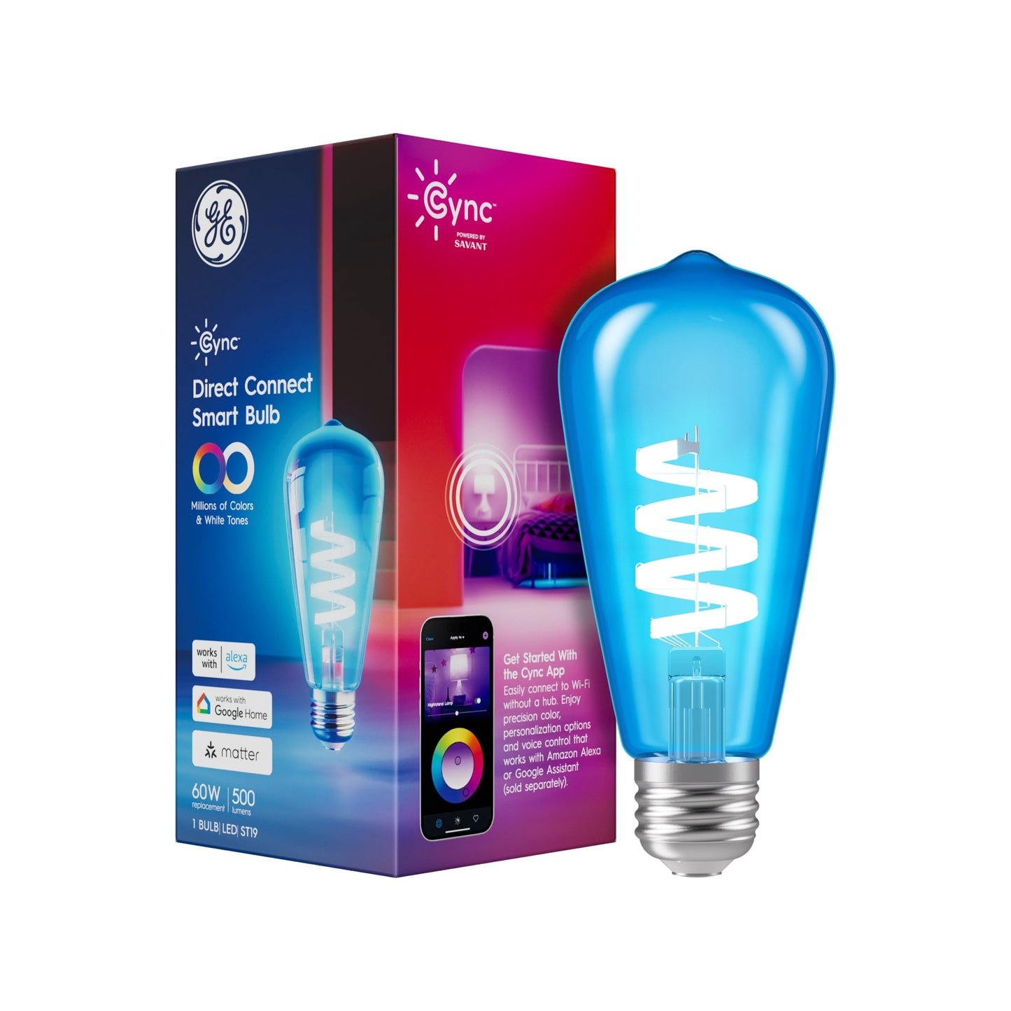 GE Cync ST19 Smart LED Light Bulb, Color Changing WiFi Light, Works With Alexa and Google Home, Edison Style Light Bulb