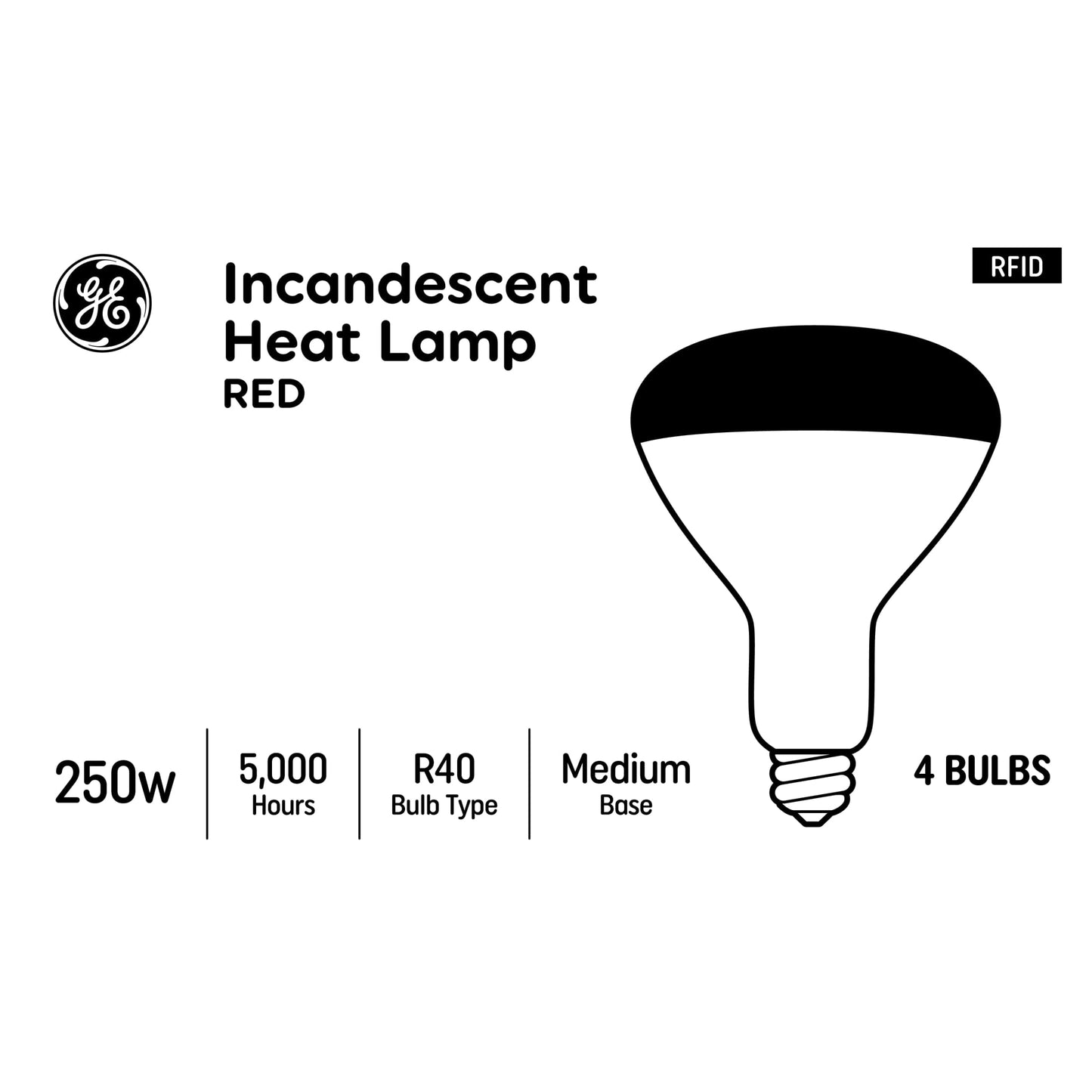 GE Incandescent Heat Lamp, 250 Watt Replacement, Red, BR40 Floodlight Bulb (4 Pack)