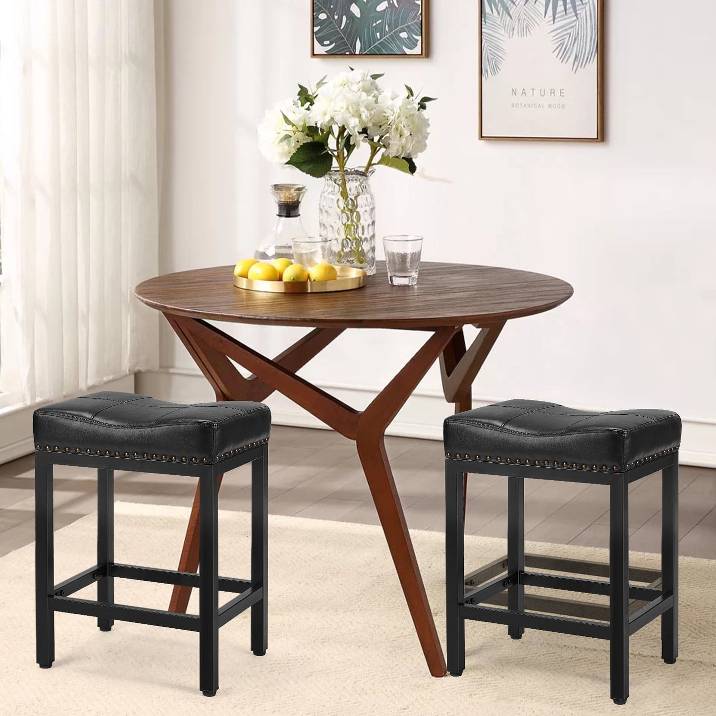 GIANNA 24" Counter Height Bar Stools, Set of 2, Metal Base, PU Leather, for Kitchen and Dining, Black