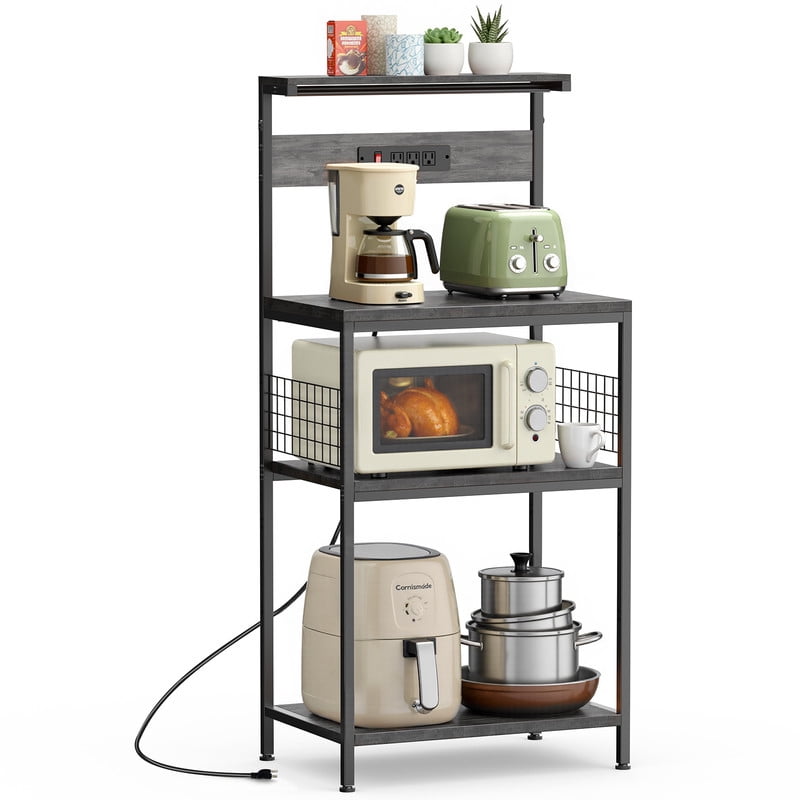 GIANNA Baker’s Rack with Power Outlet, 4-Tier Kitchen Coffee Bar and Microwave Stand, Storage Organizer, 23.6 Inch, Gray