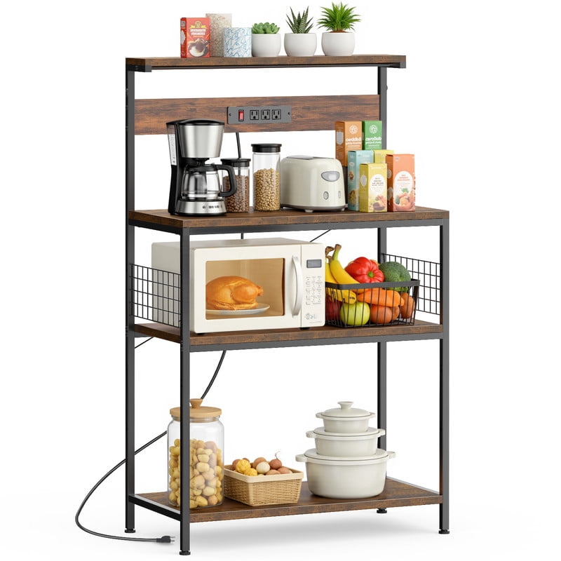 GIANNA Baker’s Rack with Power Outlet, 4-Tier Kitchen Coffee Bar and Microwave Stand, Storage Organizer, 31.5 Inch, Rustic Brown