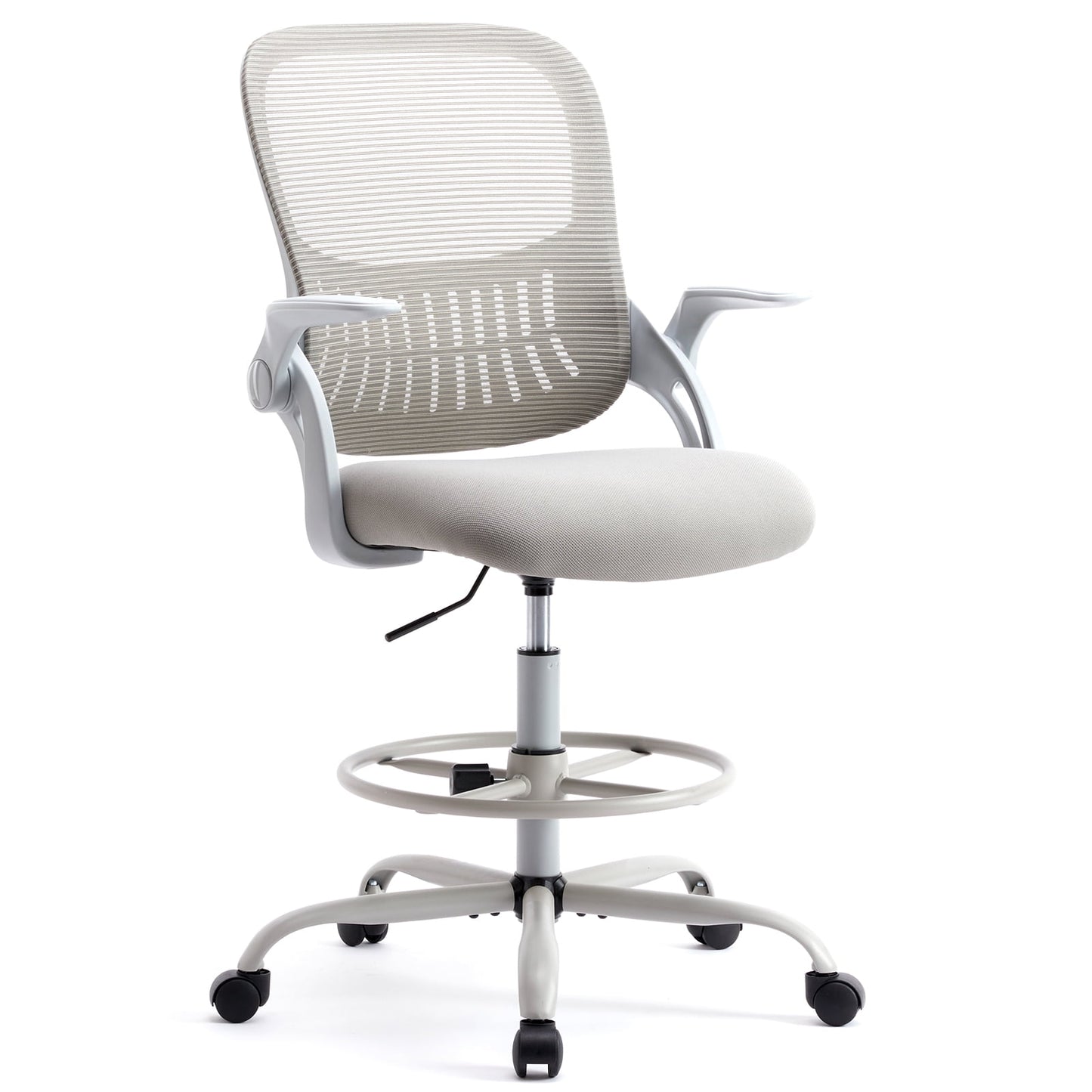 GIANNA Silla de Oficina Alta Ergonómica de Malla con Soporte Lumbar Almacenable, Aro de Pie Ajustable, Reposabrazos y Diseño de Respaldo Medio – Silla de Alta Tarea con Ruedas, Gris