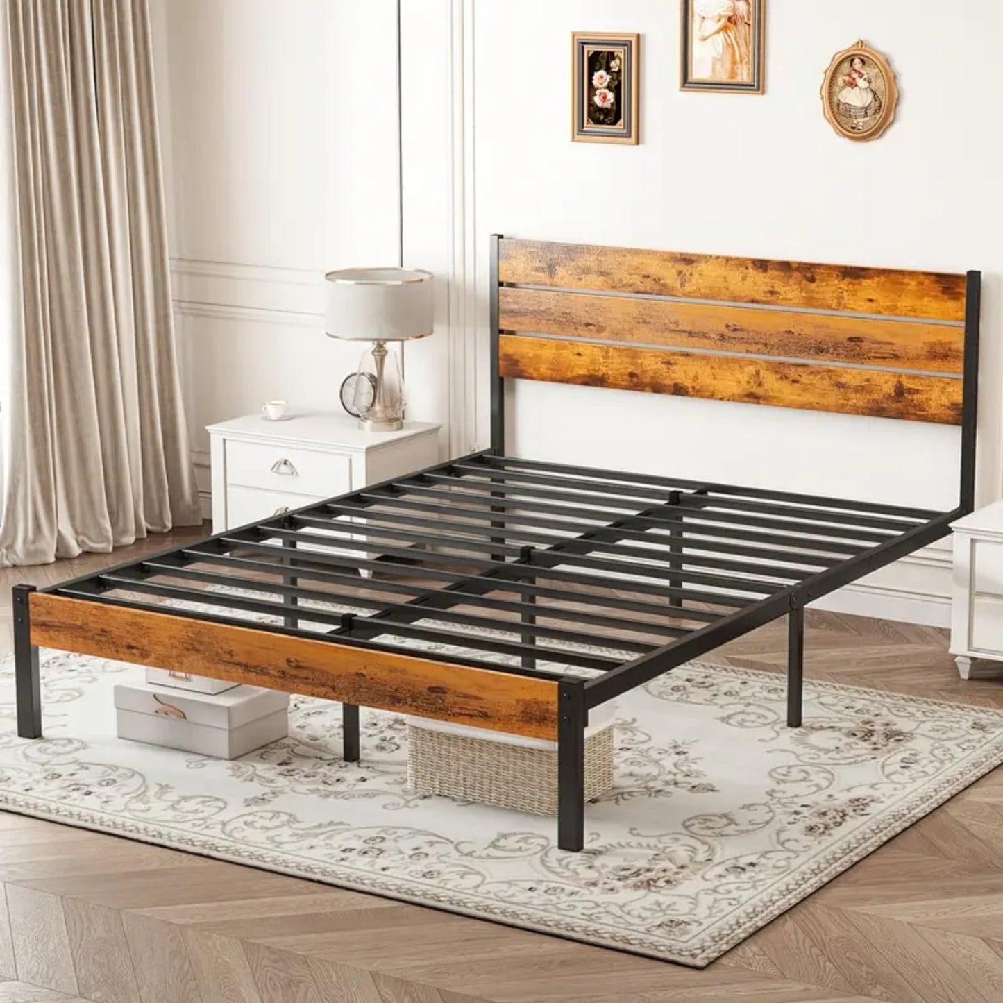 SHOUFTW Queen Size Bed Frame with Headboard, Solid and Stable, Noise Free, No Box Spring Needed, Easy Assembly