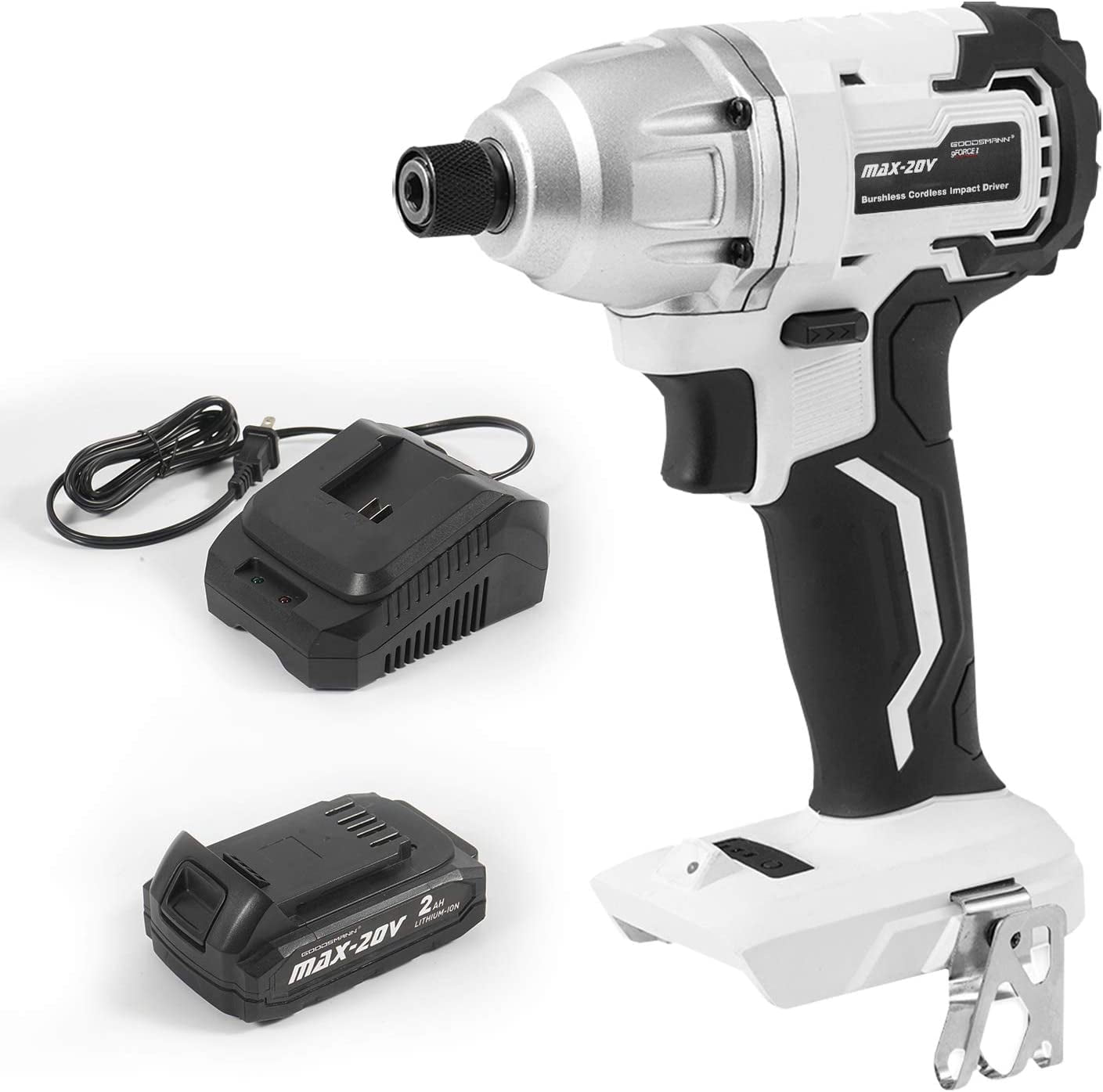 GOODSMANN Brushless Cordless Impact Driver for Screwing and Unscrewing, Max 250N.m Torque Variable Speed (0-2600RPM) 1/4? Anvil Size with LED Light 20V 2000mAh Lithium-Ion Battery Charger 9904-B203-01