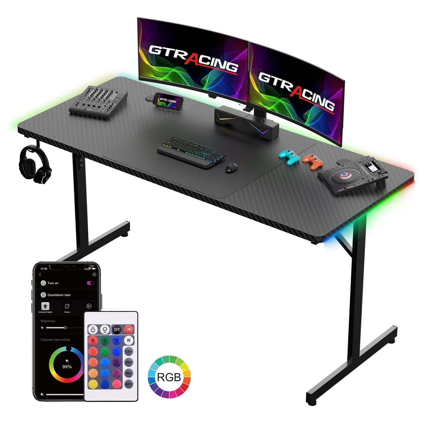 GTPLAYER 55" Large RGB Sturdy Gaming Desk with Mouse Pad T-Shaped Office Chair Computer Desk Spacious Work Surface Table, Black