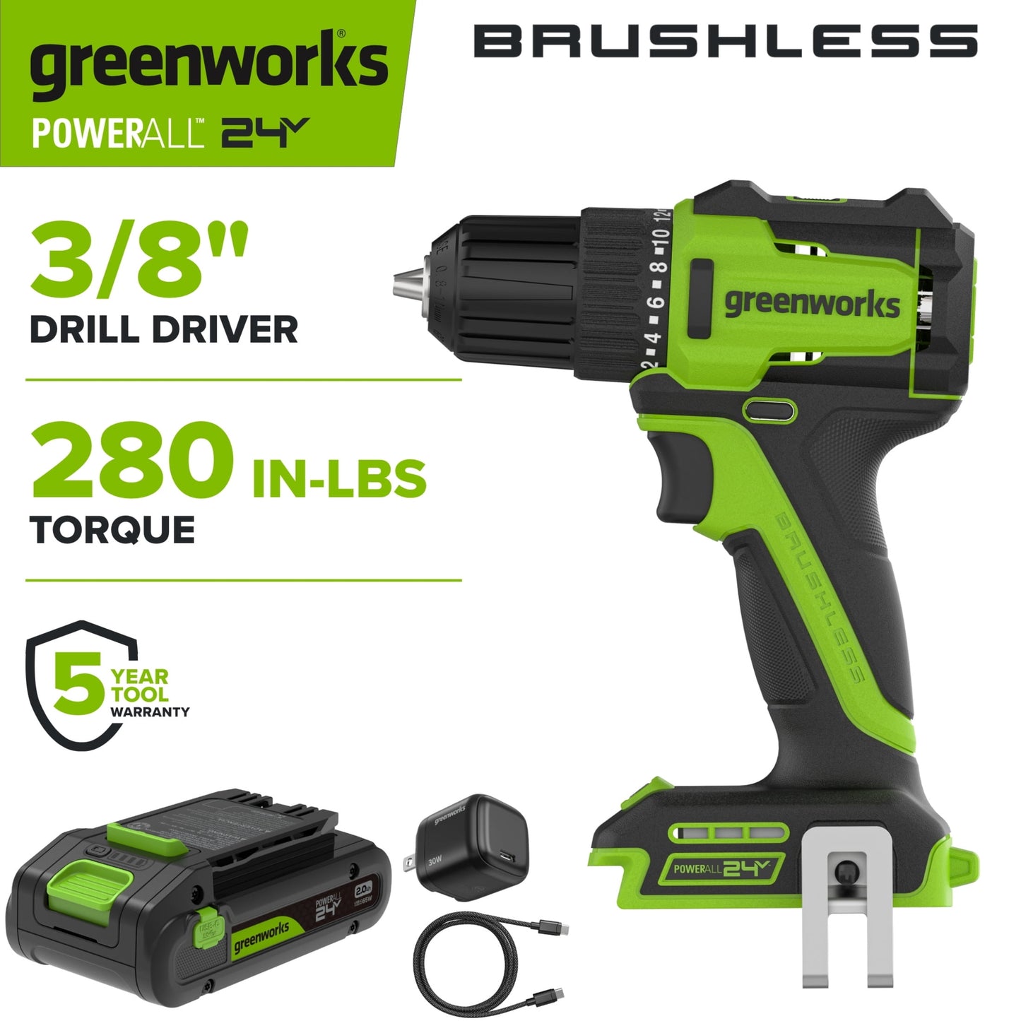 Greenworks 24V Atornillador sin Escobillas de 3/8" con BaterÃa USB-C, PowerAll