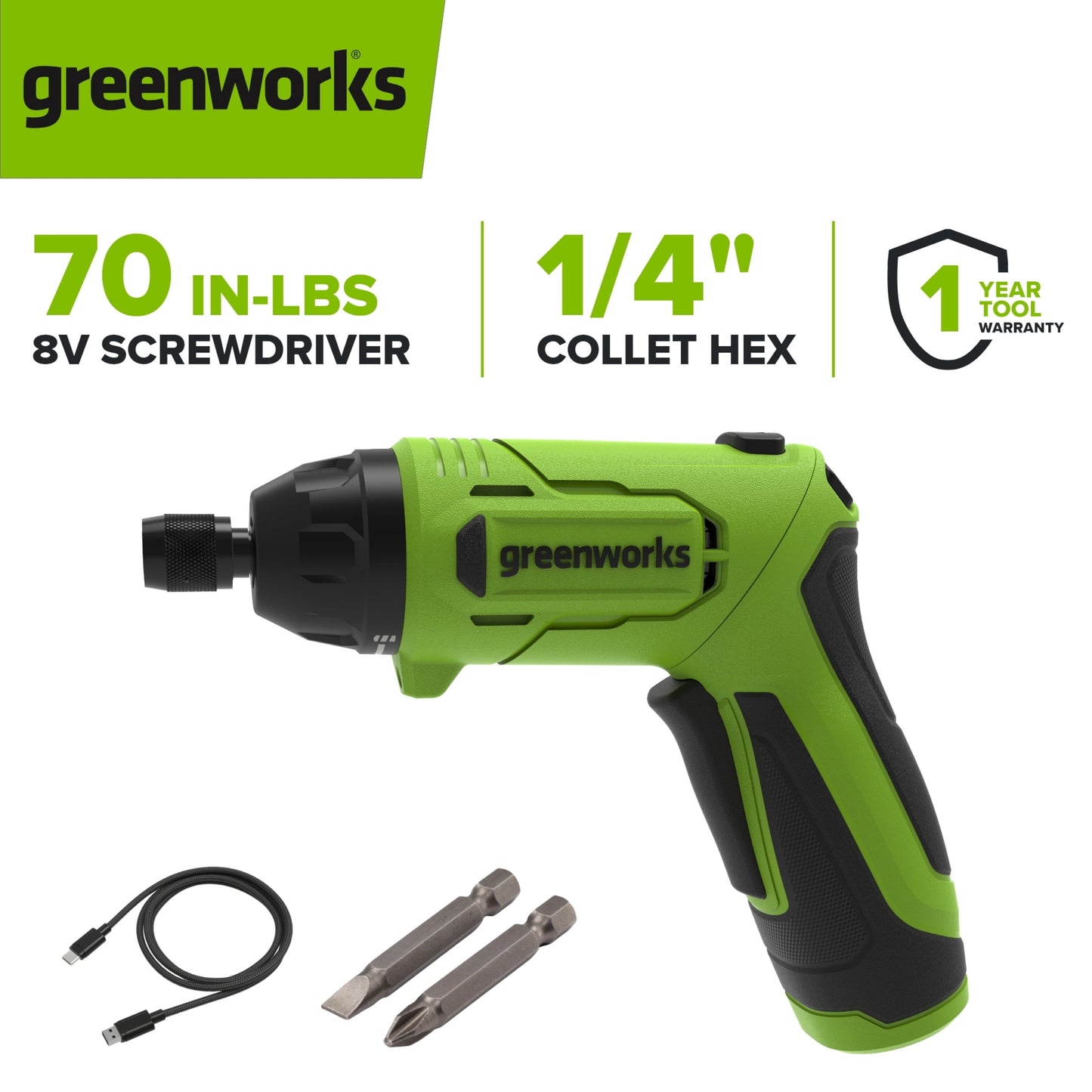 Greenworks Cordless 8V Power Screwdriver with 1/4" Hex Quick Connect and 5 Speed Clutch, SD306A1