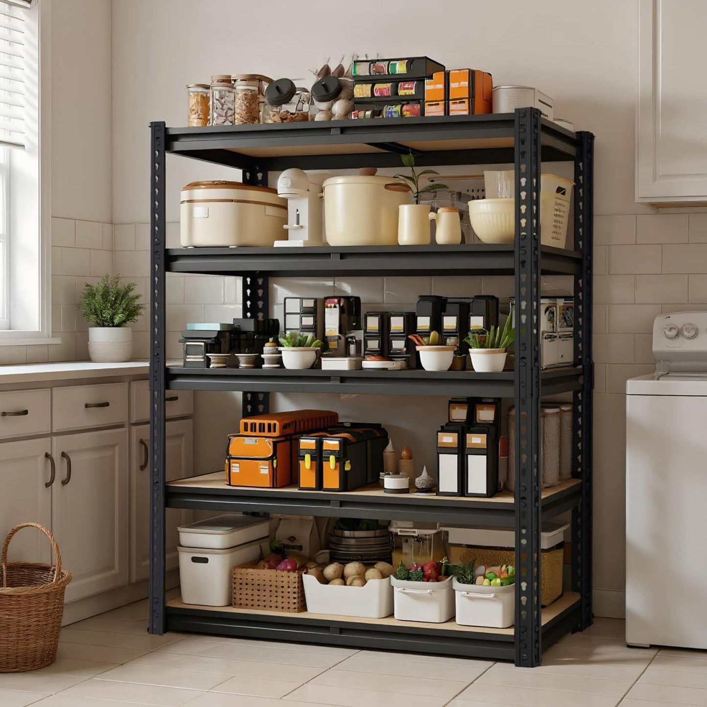 Garage Shelving Storage 60†H, Heavy Duty Metal Shelves 2400 lbs Capacity, Adjustable 5 Tier Rack for Basement Warehouse Pantry Closet, Black
