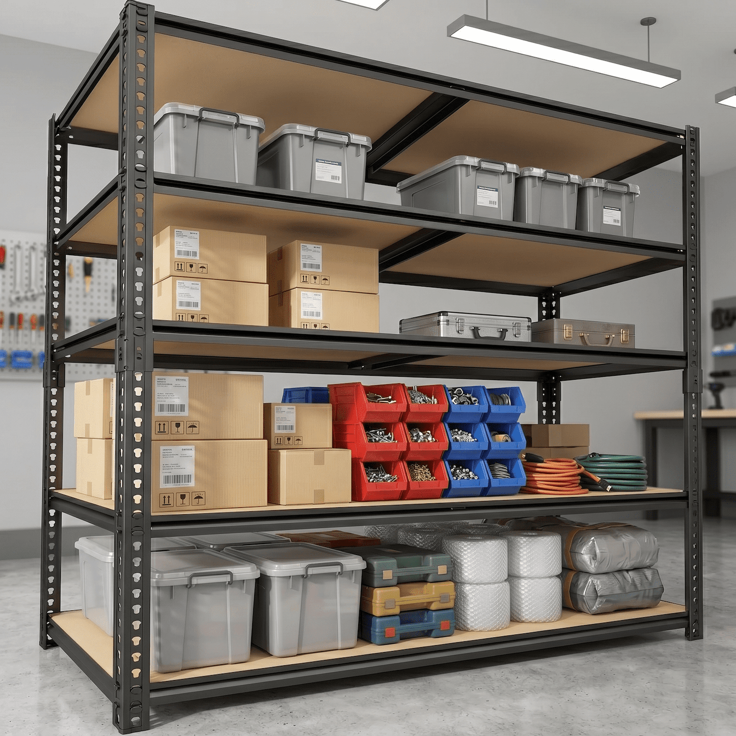 Heavy Duty Garage Shelving, 2400 lbs Capacity 5-Tier Metal Storage Shelves, Adjustable Shelving Unit, 28â€W x 12â€D x 60â€H Narrow Garage Storage Rack, Boltless Easy Assembly, for Garage Basement Pantry