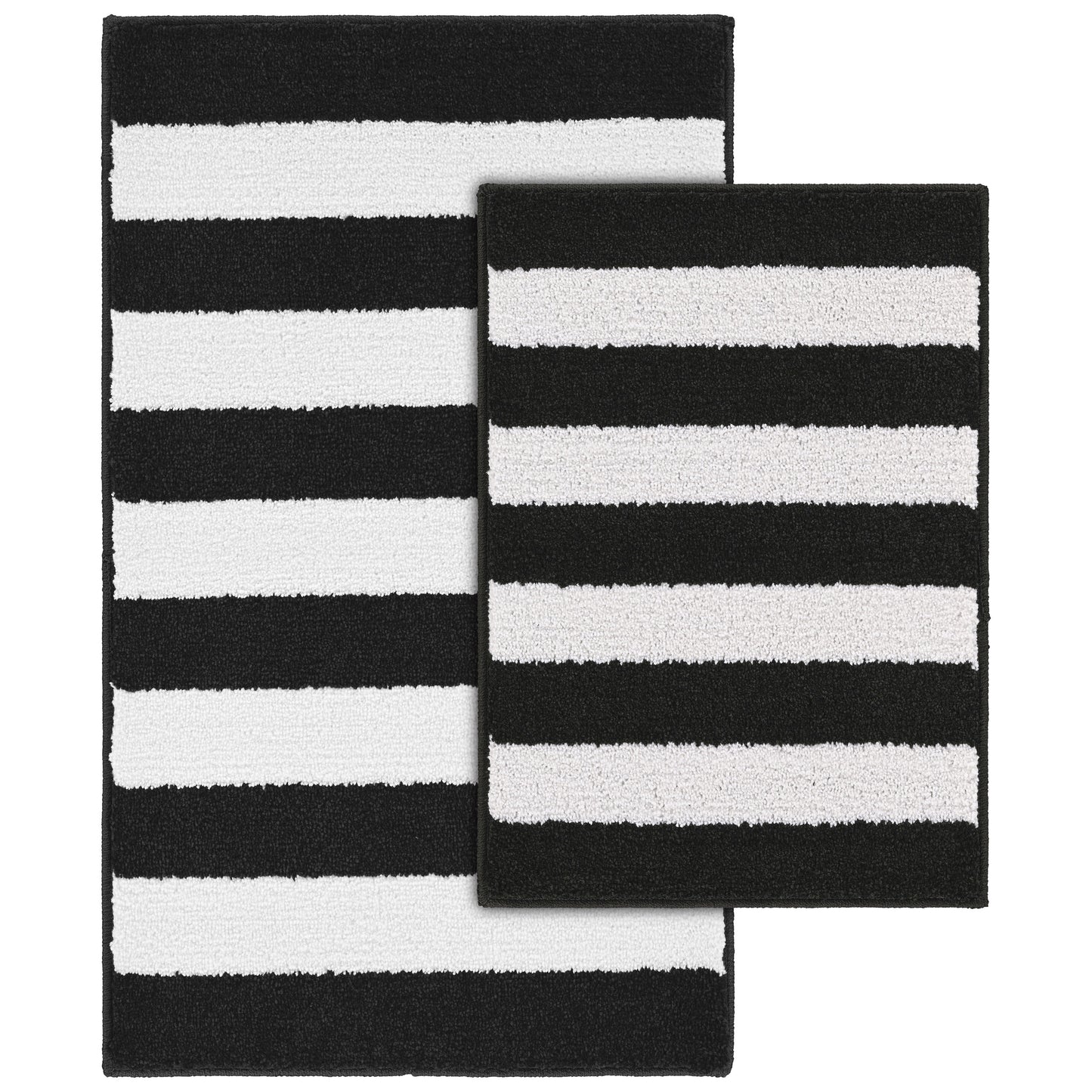 Garland Rug Beach Stripe Washable Bath Rug Set, 2 Piece Set (17"x24" Bath Rug, & 21"x34" Bath Rug) Black/White