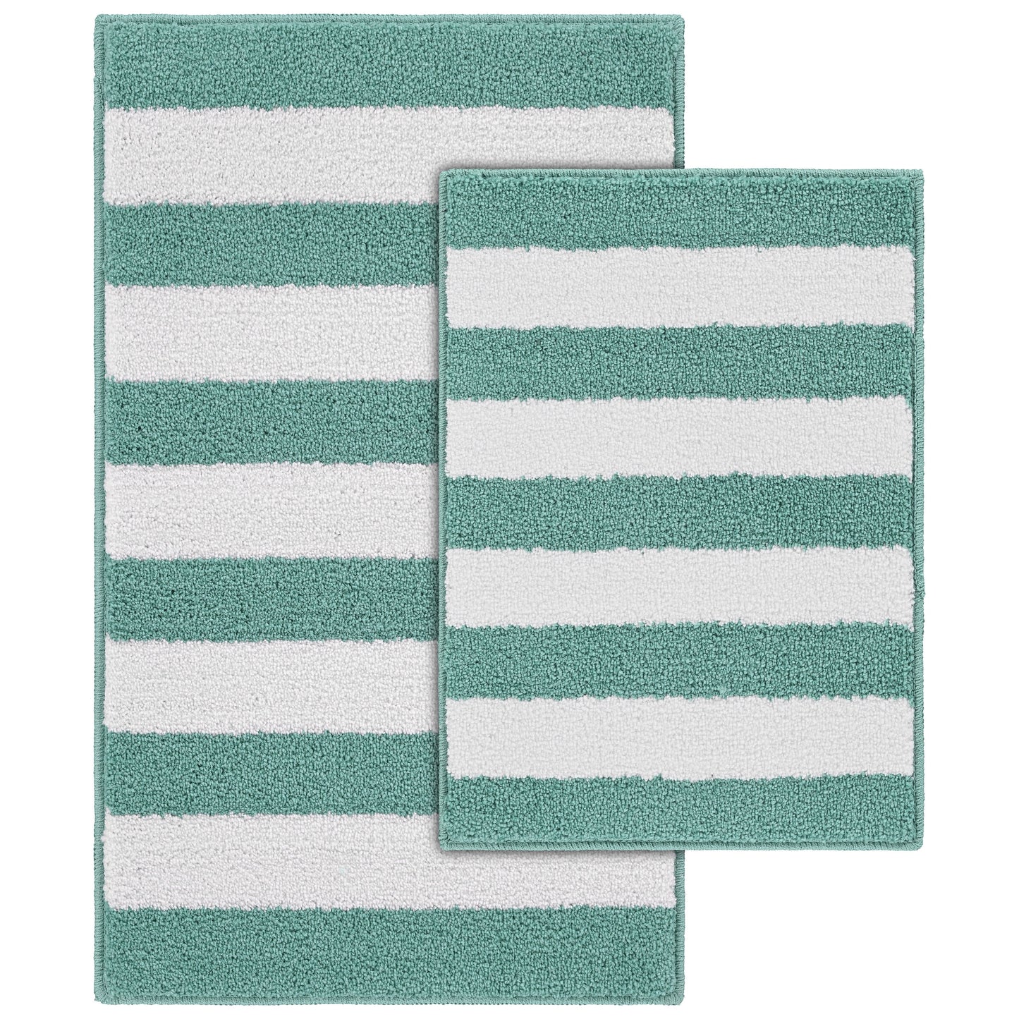 Garland Rug Beach Stripe Washable Bath Rug Set, 2 Piece Set (17"x24" Bath Rug, & 21"x34" Bath Rug) Sea Foam/White
