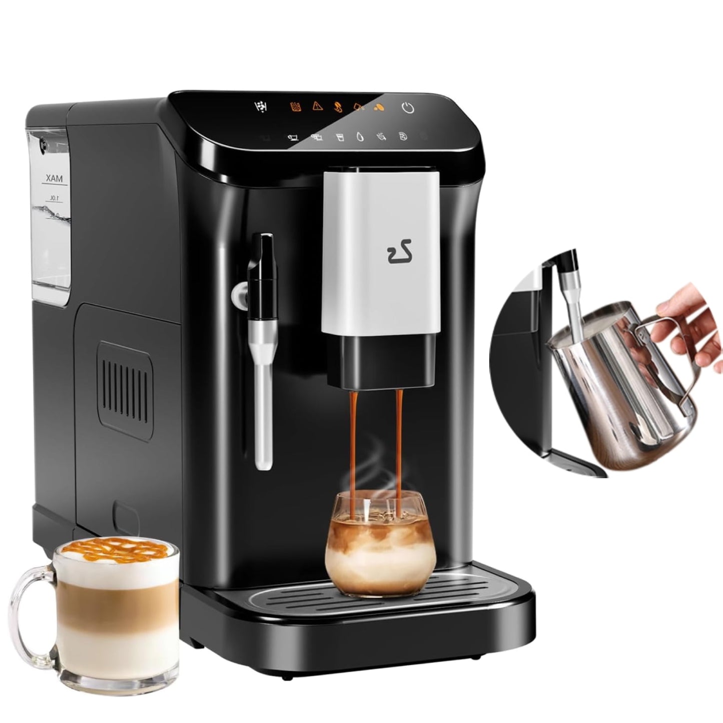 Garvee Fully Automatic Espresso Machine with Milk Frother, 20 Bar Professional Coffee Machine W/Adjustable Grinder & 1.5L Water Tank for Home Baristas, Black