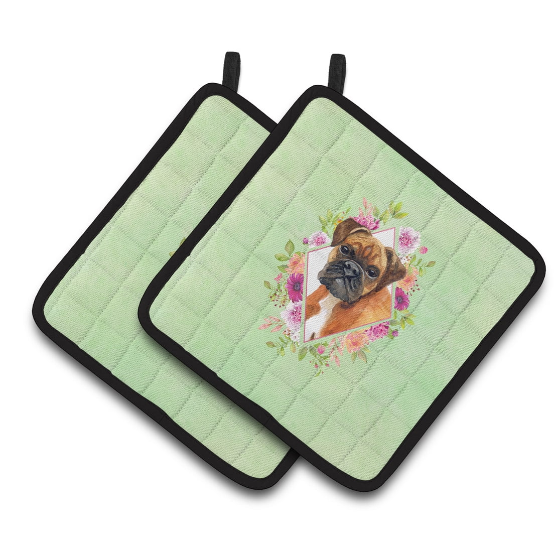 German Boxer Green Flowers Pair of Pot Holders