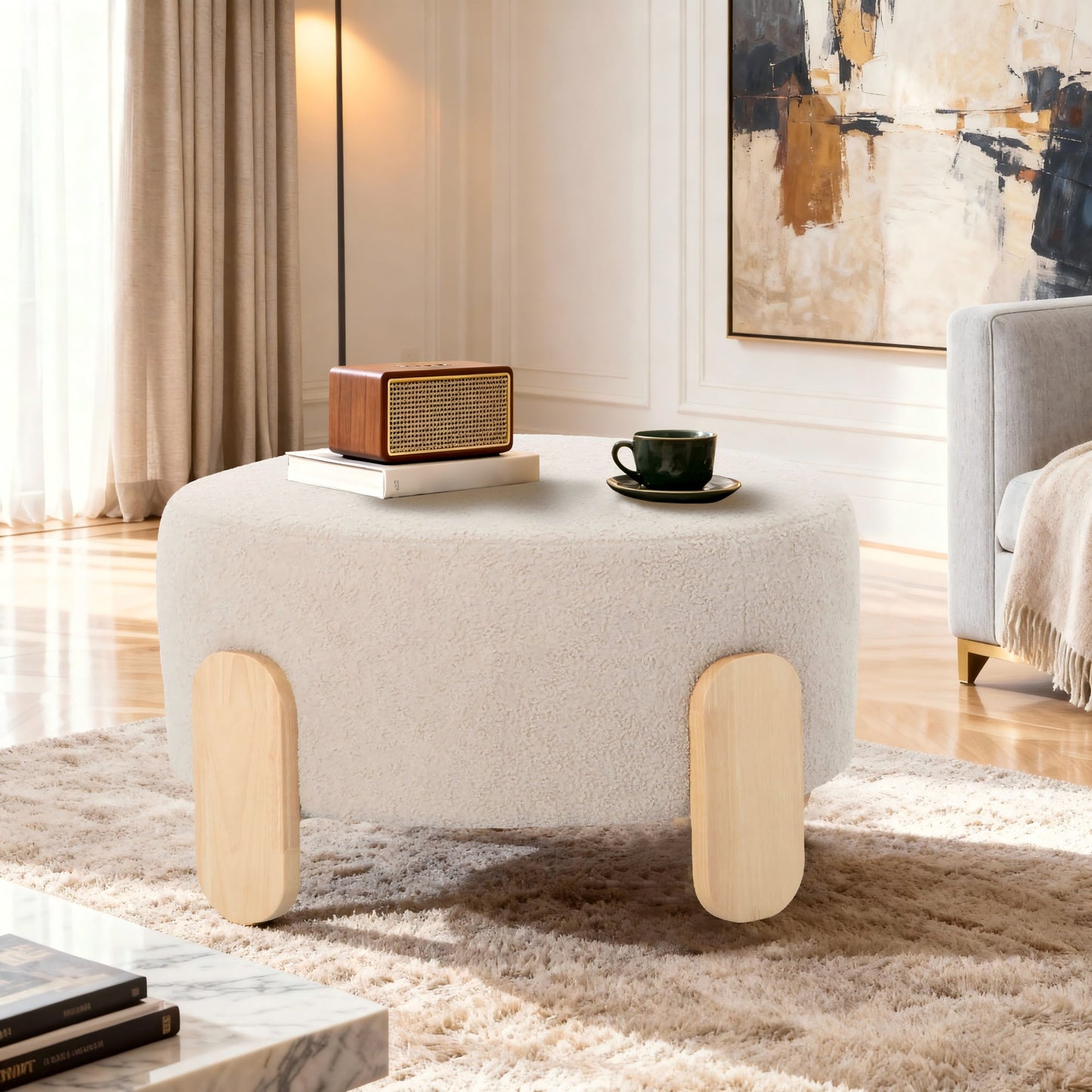 Gewnee 24.8â€Round Ottoman,Teddy Fur Cushioned Stool,Solid Wood Legs,Home Office Multi-Functional Leisure Ottoman.(Beige)