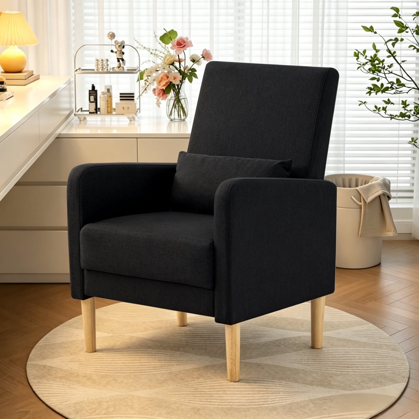 Gewnee 26.5â€Modern Accent Chair,Linen Fabric Upholstered Comfy Single Chair with Solid Wood Frame & Pillow for Living Room,Apartments & Small Spaces.Black