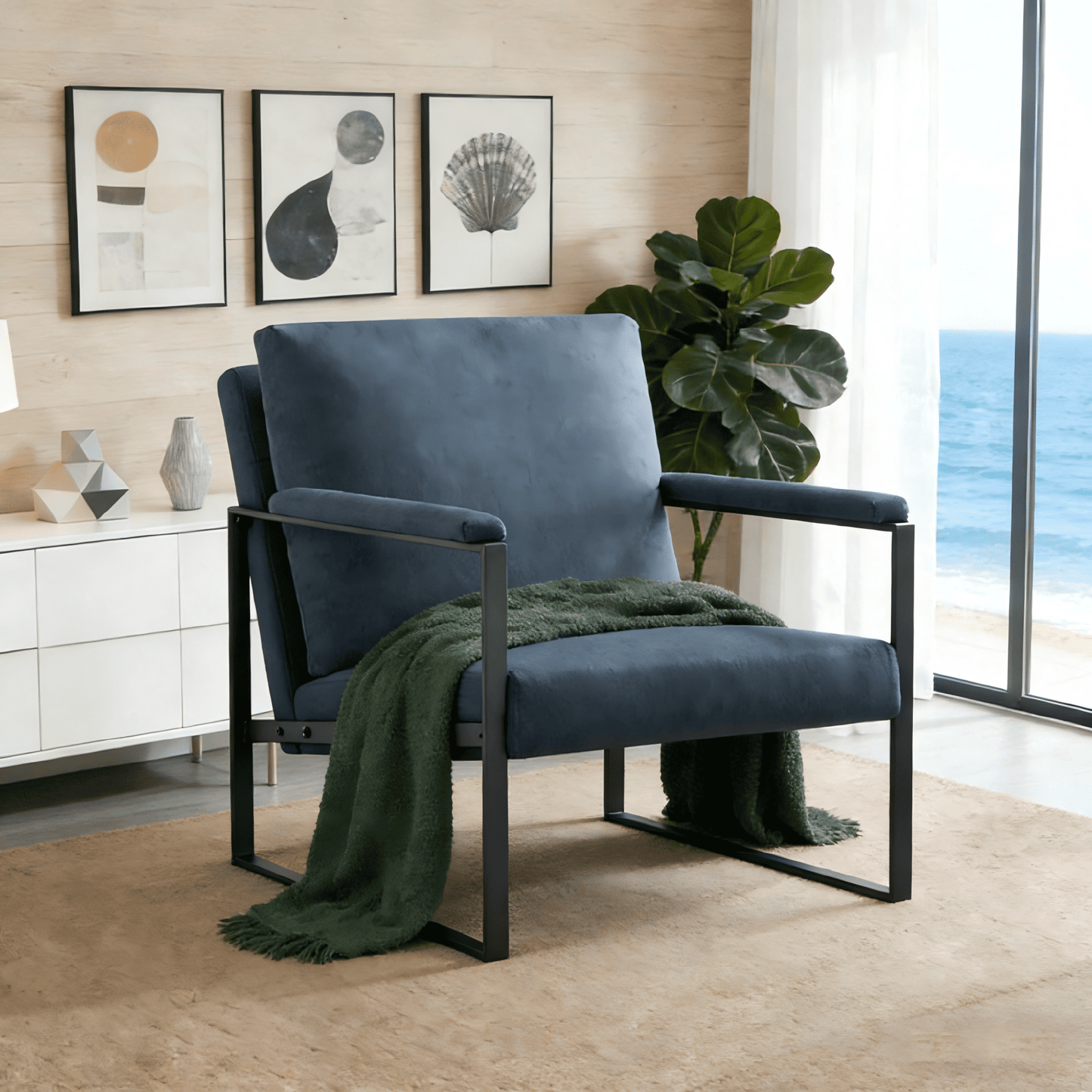 Gewnee Dark Blue 26.8†Metal Frame Accent Armchair, Linen Blend Upholstery with Removable Cushion for Home Office Study