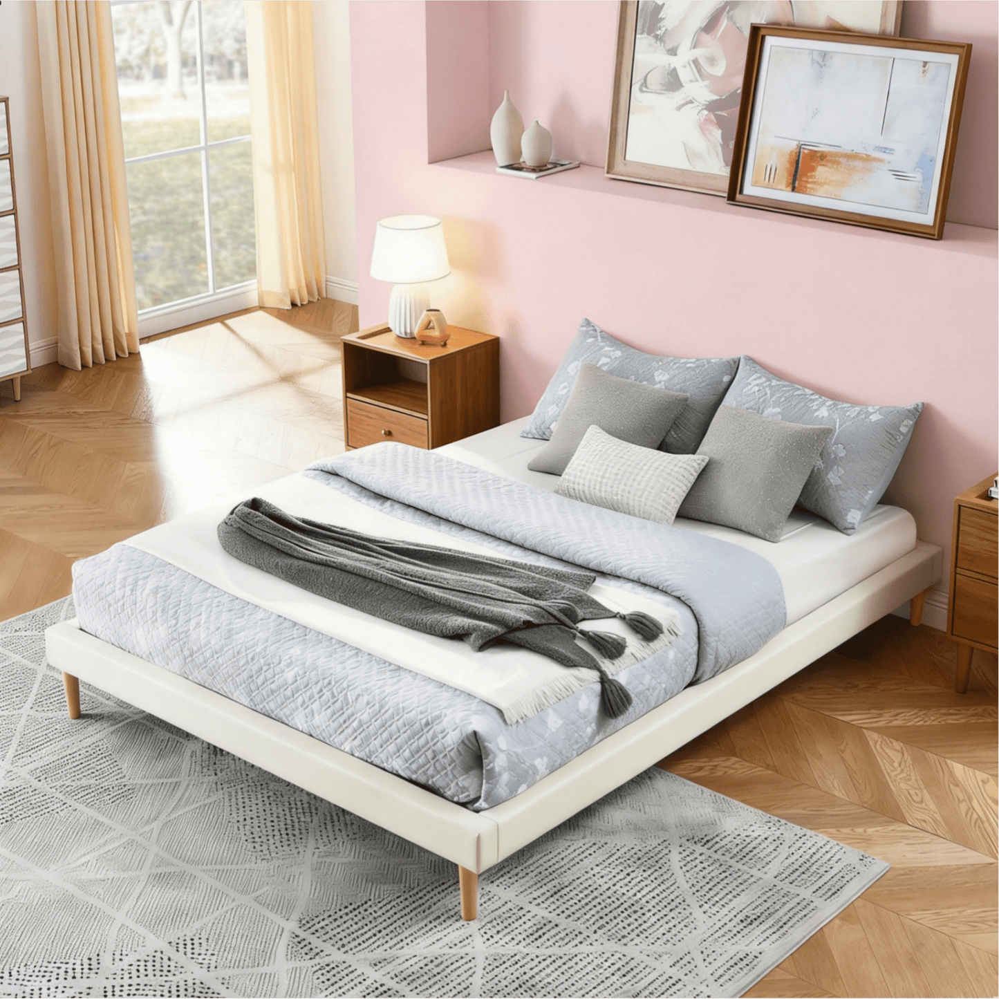 Gewnee Full Size Platform Bed Frame, Faux Leather Upholstered, Center Support, No Box Spring Needed, Comfortable Bedroom Bed (Black)