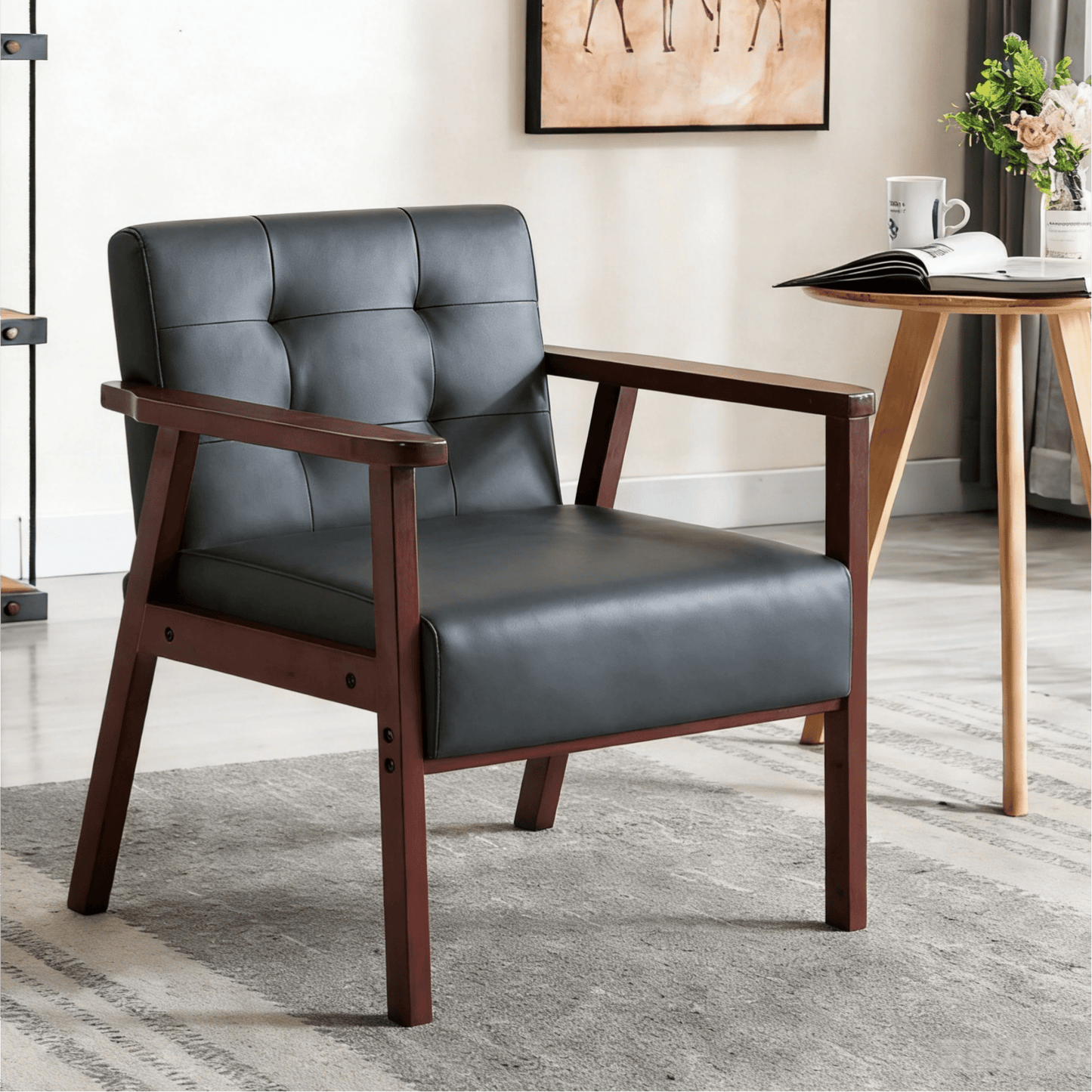Gewnee Modern Accent Chair,PU Single Sofa with Wood Frame,Reading Armchair for Living Room,Bedroom,Office.Black