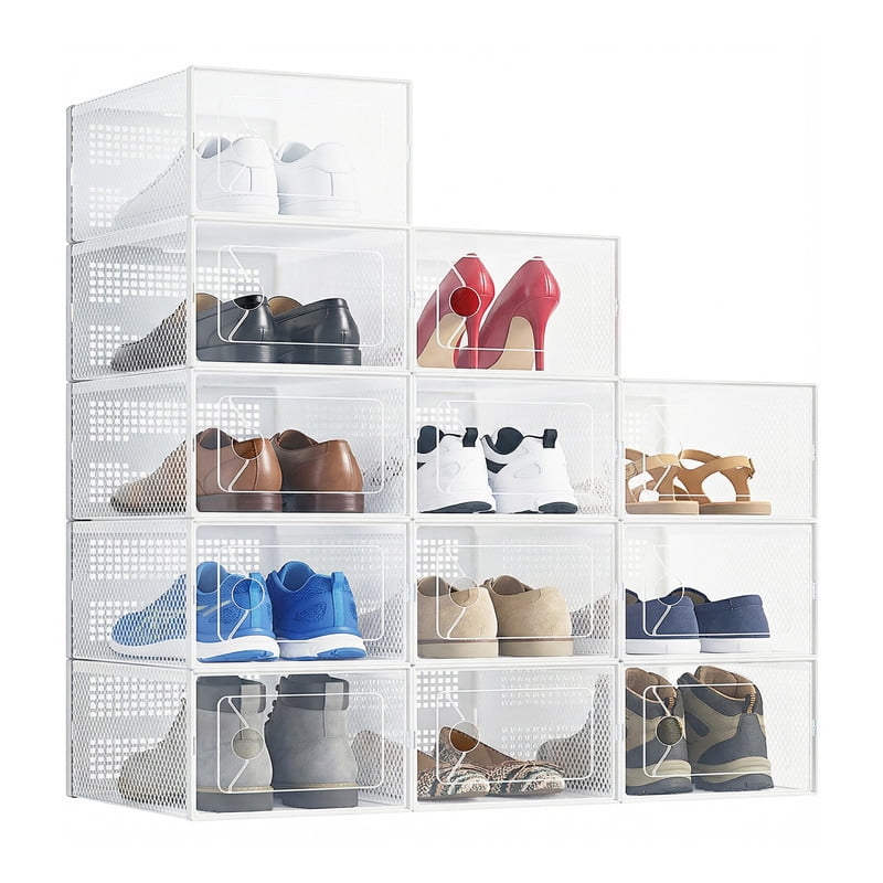 Gianna 12 Pack Stackable Shoe Box , Plastic Storage Organizer for Closet Hallway Bedroom, Holds Shoes up to US Size 11,White