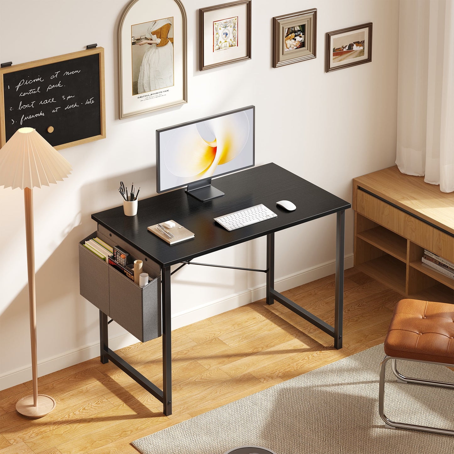 Gianna 40" Computer Desk with Metal Frame, Waterproof Surface and Storage Bag – Perfect for Office Use, Black