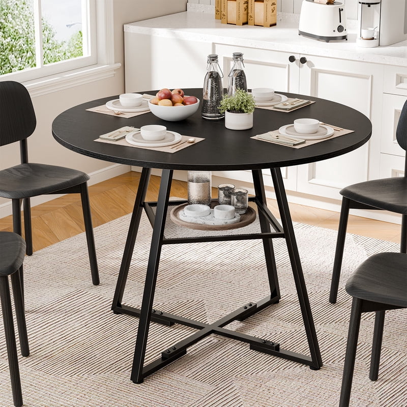 Gianna 42" Round Dining Table for 4-6, Space Saving Kitchen Table with Dual-Tier Storage, Pedestal Metal Frame, Industrial Farmhouse Circle Dinner Table for Apartment, Black