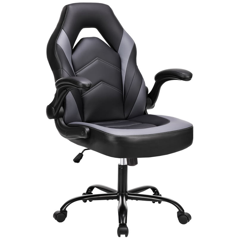 Gianna Ergonomic Computer Gaming Chair with Flip-up Armrest, Height Adjustable PU Leather Home Office Desk Chair with Lumbar Support Swivel Wheels and for Adults,Black Gray