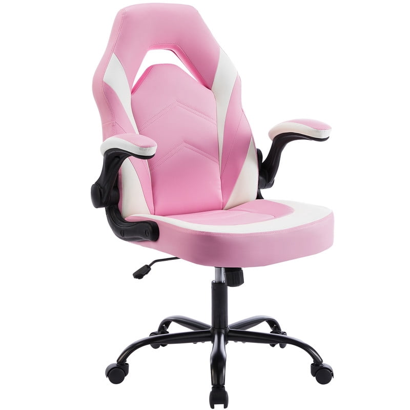 Gianna Ergonomic Computer Gaming Chair with Flip-up Armrest, Height Adjustable PU Leather Home Office Desk Chair with Lumbar Support Swivel Wheels and for Adults,Pink White