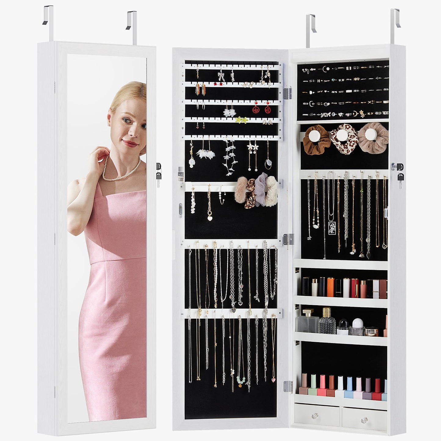 Gianna Freestanding Jewelry Armoire with Full-Length Mirror, Lockable Makeup Storage Organizer with Velvet Lining, 3 Adjustable Angles and 5 Shelves, K