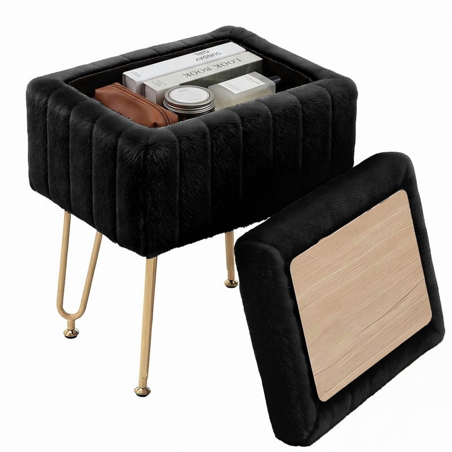 Gianna Square Ottoman with Table Top, Comfortable Footrest With Storage, Vanity Stool Suitable for Living Room,Bedroom, Black