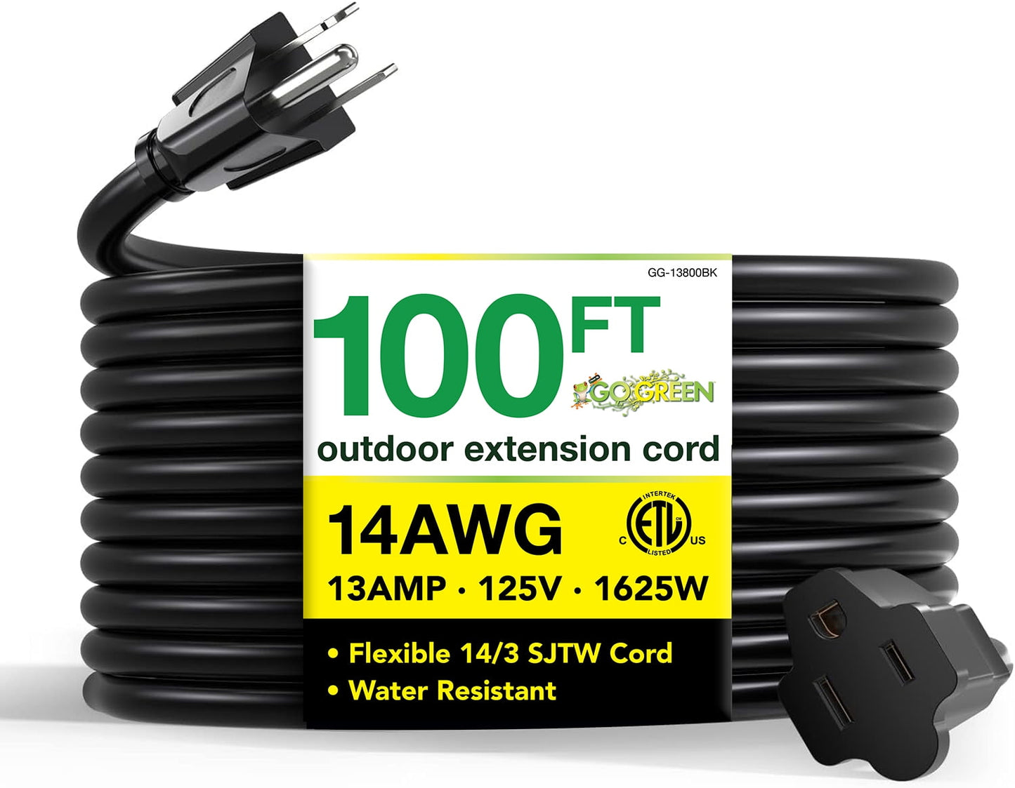 GoGreen Power (GG-13800BK) 14/3 100’ SJTW Outdoor Extension Cord, Black, 100 Ft