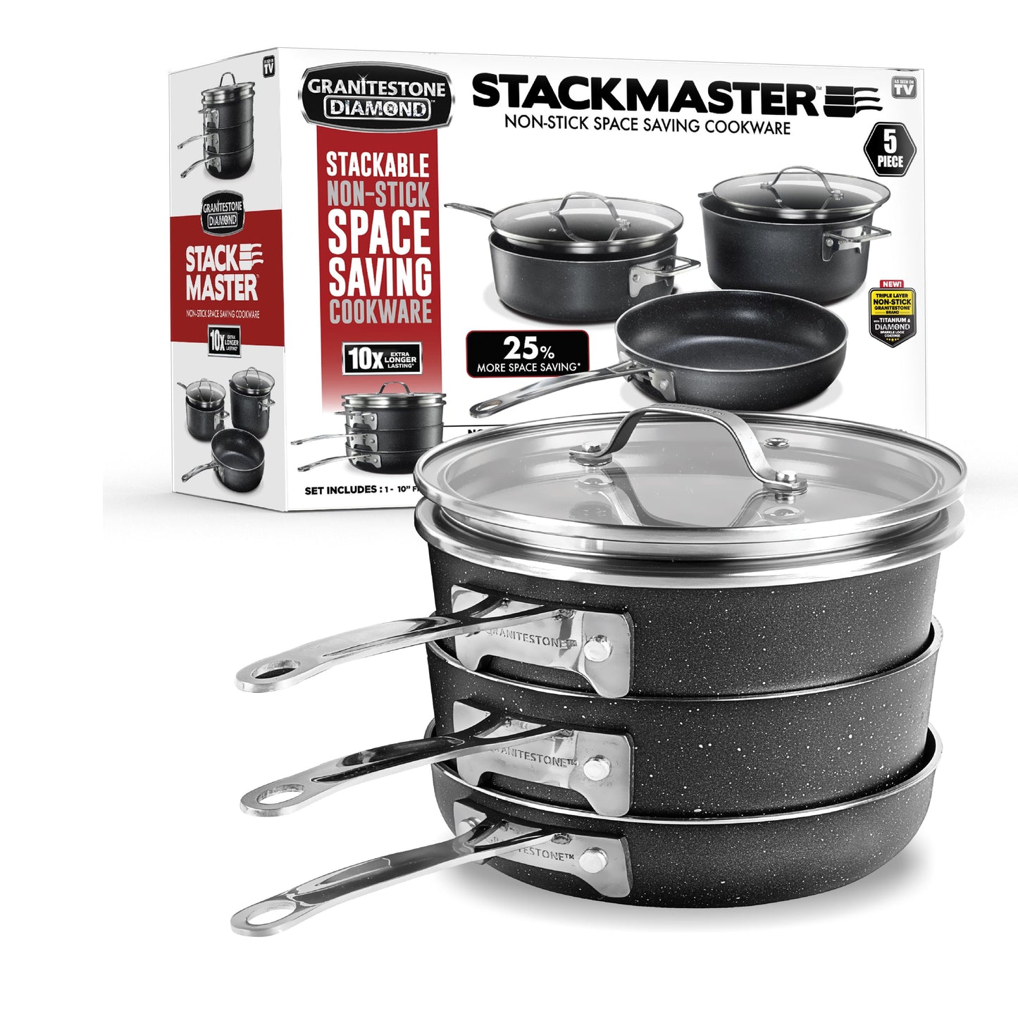 Granitestone 10" Stackmaster 5 Piece Nonstick Pots and Pans Set, Stackable Aluminum Cookware Set, Non Stick