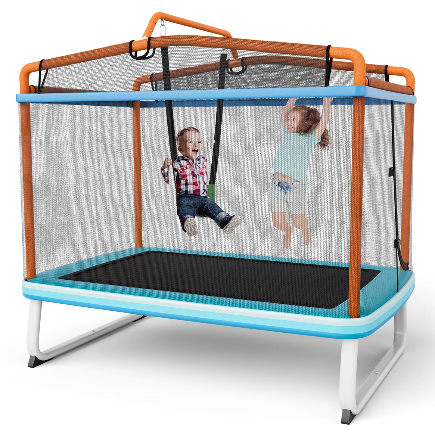 Gymax 3-in-1 6FT Rectangle Kids Trampoline w/ Swing Horizontal Bar & Safety Net Outdoor Yellow