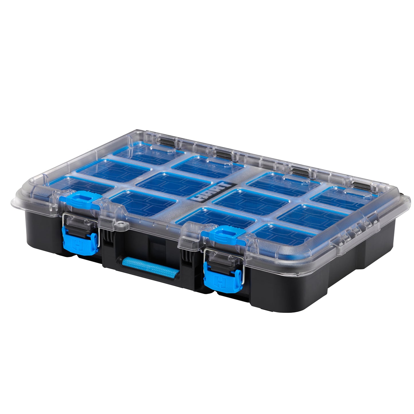 HART Sistema Apilable Organizador de Piezas Pequeñas con Contenedores Removibles, Negro con Detalles Azules