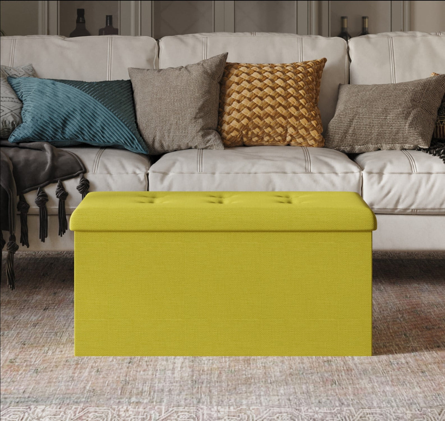 Home Design Banco de Almacenamiento Plegable Tapizado Florence con Asiento Relleno de Espuma, Diseño Rectangular Multiusos para Asiento, Reposapiés O Almacenamiento Oculto en Sala de Estar U Oficina, Lino Verde