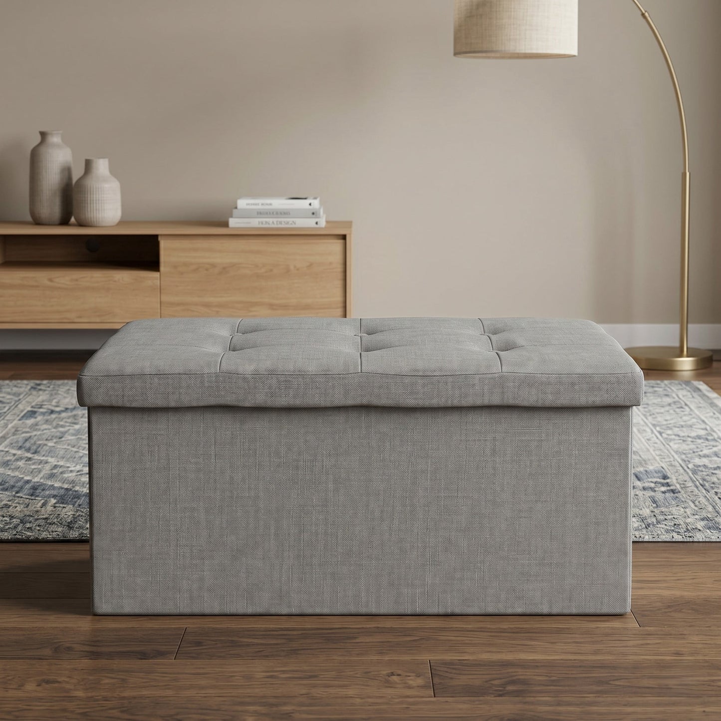 Home Design Upholstered Folding Storage Bench – Grey Linen, Padded Seat with Hidden Storage, Collapsible Design