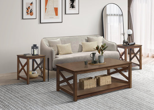 Home Design Novato 3-Piece Coffee Table Set with Rectangular Coffee Table and 2 Matching End Tables, X-Shaped Side Design with Open Shelf for Modern Living Room, Brown
