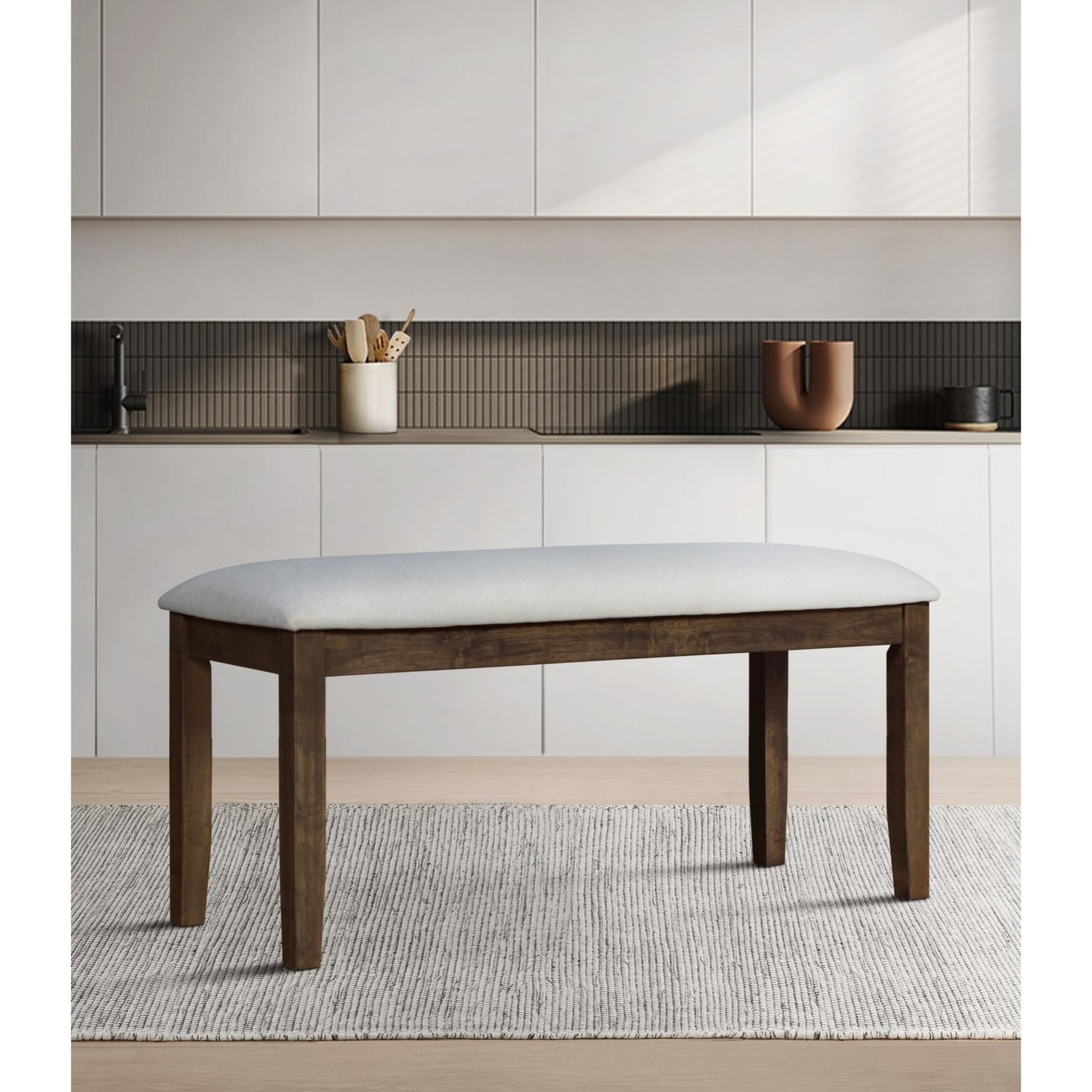 Home Design Oden Dining Bench, Brown/Gray, Rectangular seat, Padded cushion, Upholstered in soft gray fabric, X-shaped base, Comfortable seating, Rustic-modern style, Durable construction