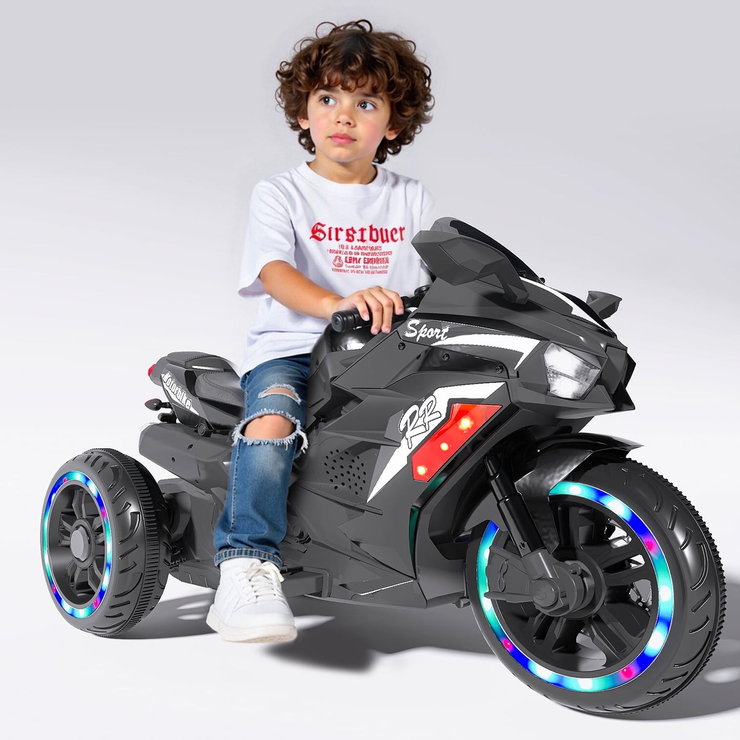 HNH Kids Motorcycle for Kids 3+, 12V Battery Powered Bike Electric Motorbike, 3 Wheels Ride on Toys with LED Lights, Bluetooth Music