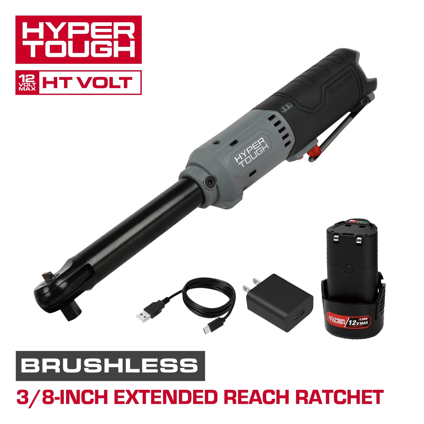 Hyper Tough 12V Max Brushless 3/8-inch Extended Reach Cordless Ratchet Wrench with 1.5Ah Battery