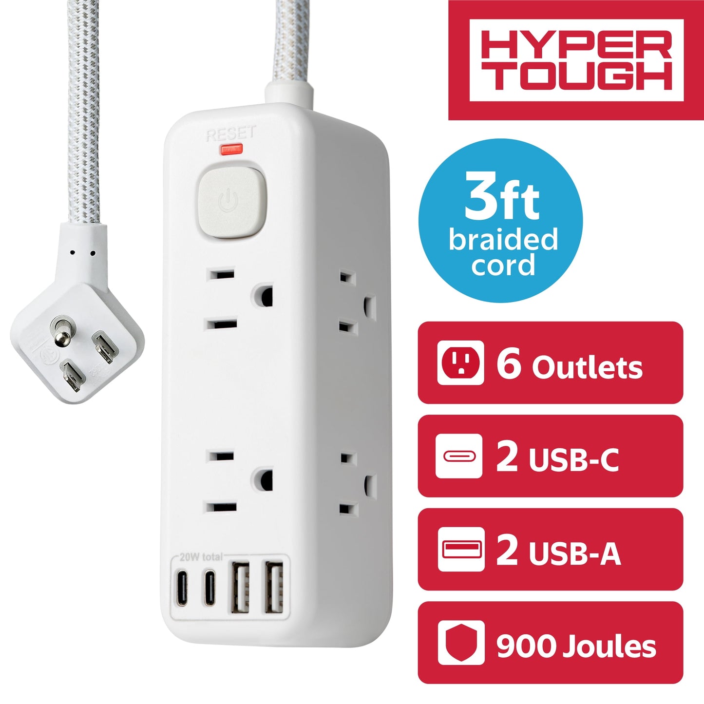 Hyper Tough Regleta de Alimentación USB, Cable de Extensión de 3 Pies, 6 Tomacorrientes, USB-A, USB-C, Protector contra Sobretensiones de 900J, Blanco