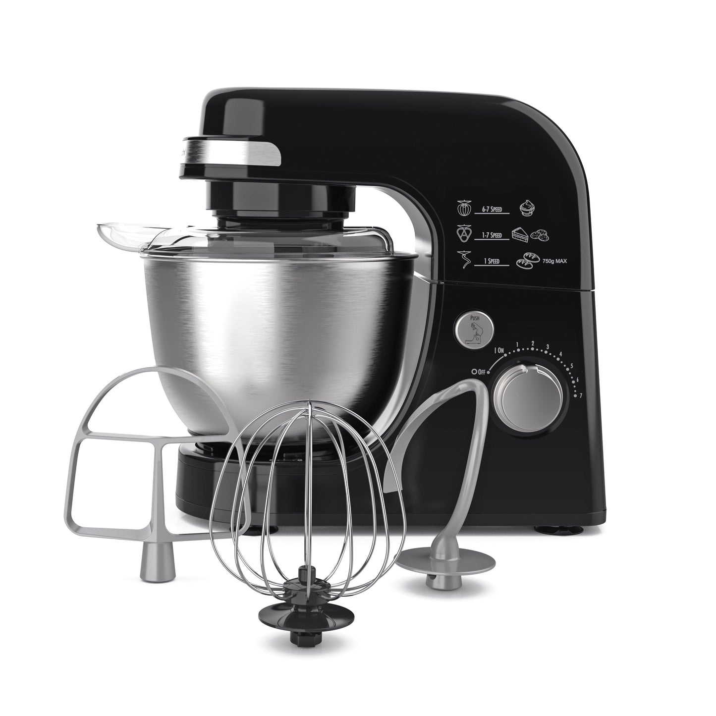 Hamilton Beach Electric Stand Mixer, 4 Quart Stainless Bowl, 7 Speeds, Tilt-Head, Dough Hook, Whisk and Flat Beater, Splash Guard, 300 Watts, White, 63388