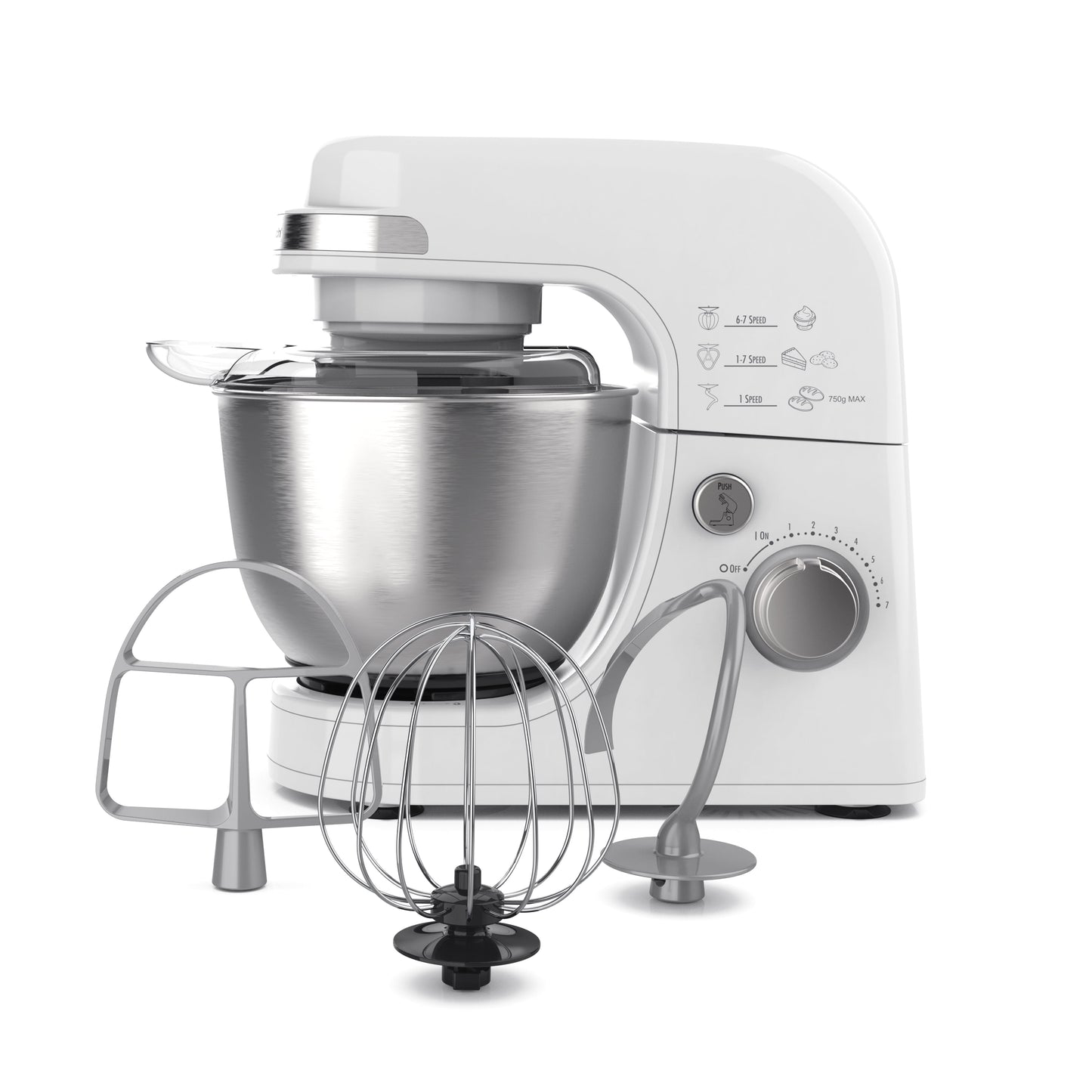 Hamilton Beach Electric Stand Mixer, 4 Quart Stainless Bowl, 7 Speeds, Tilt-Head, Dough Hook, Whisk and Flat Beater, Splash Guard, 300 Watts, White, 63388