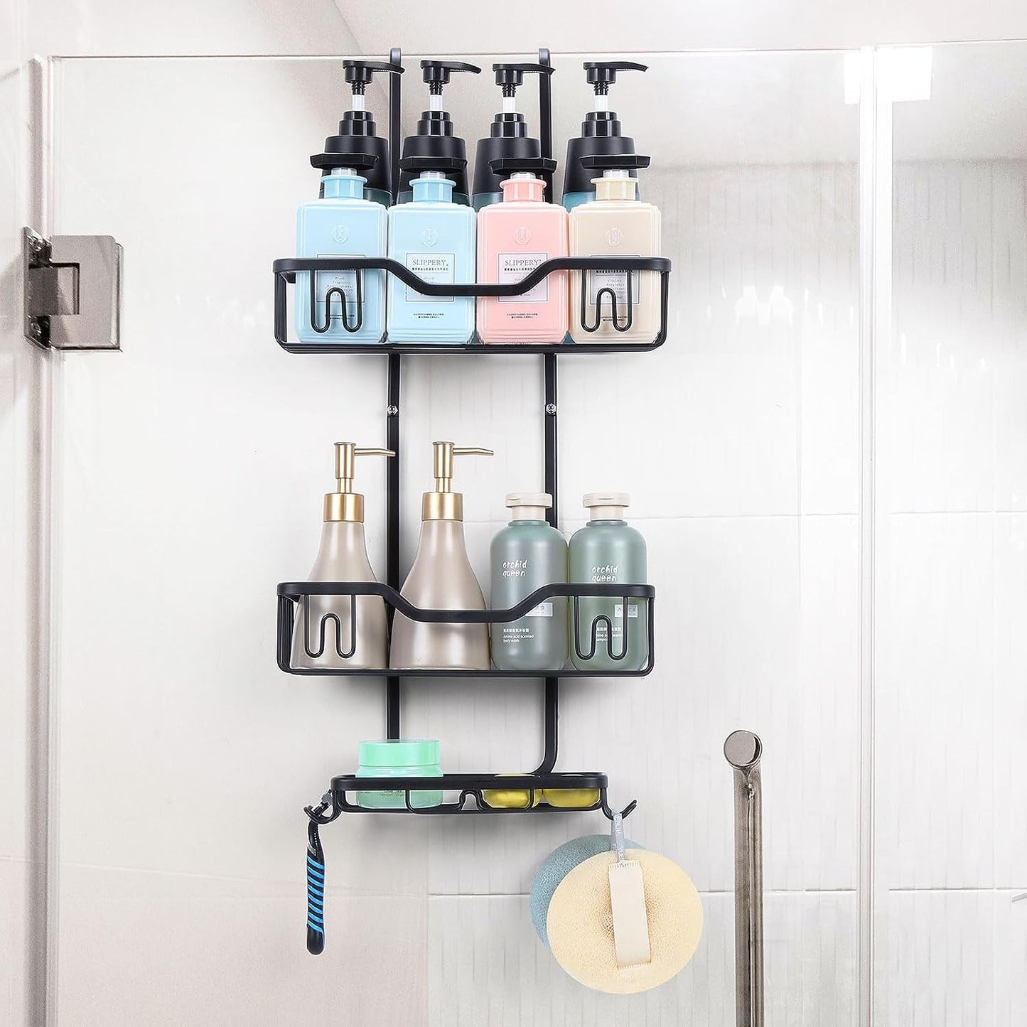 Organizador de Ducha Colgante para Baño con Estantes, 4 Ganchos y Jabonera, Negro