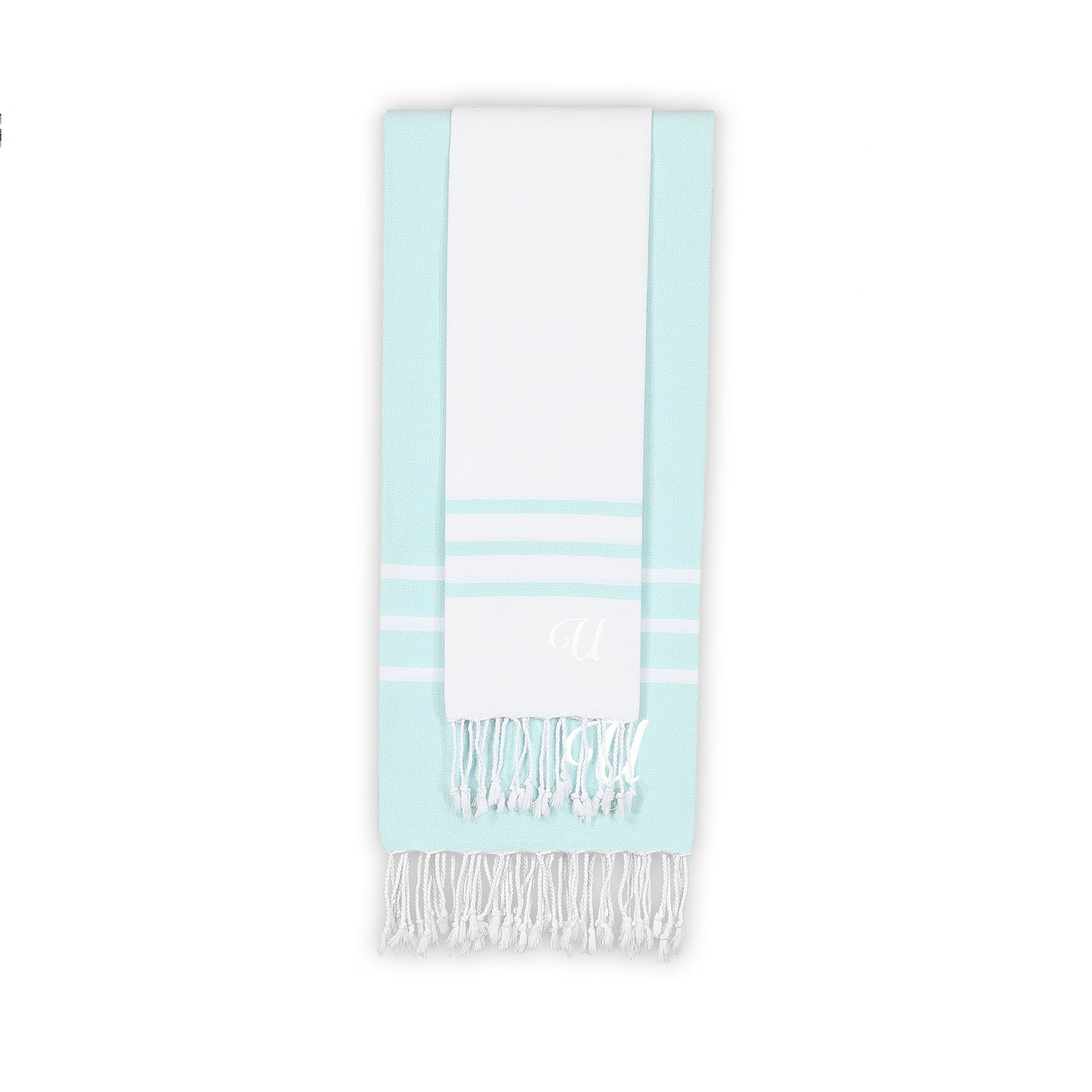 Home Alara 100% Turkish Cotton Monogrammed White and Aqua Pestemal Beach Towel Set