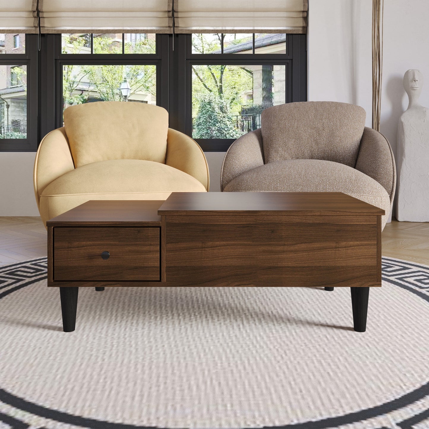 Home Design Caribou Lift-Top Coffee Table with Hidden Storage Compartment and Side Drawer, Sturdy Legs, Modern Design for Living Room, Brown Finish