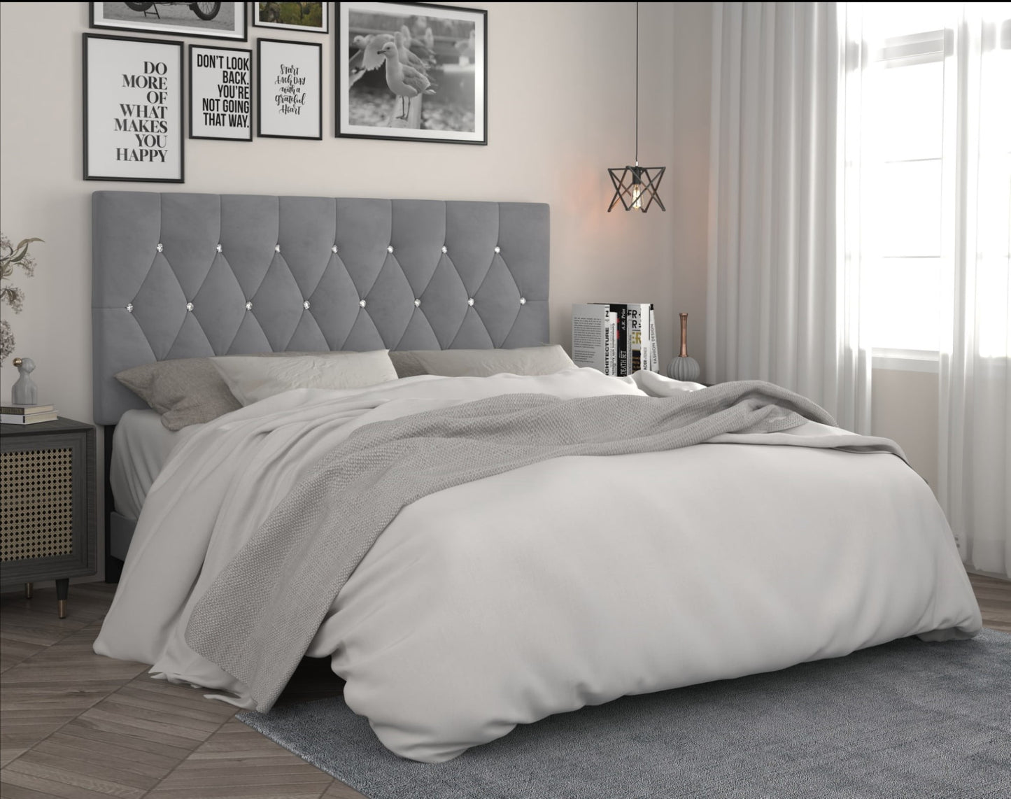 Home Design Concetta Queen Tufted Upholstered Adjustable Headboard, Silver Gray, Velvet with Diamond Button Tufting, Modern Bedroom Furniture