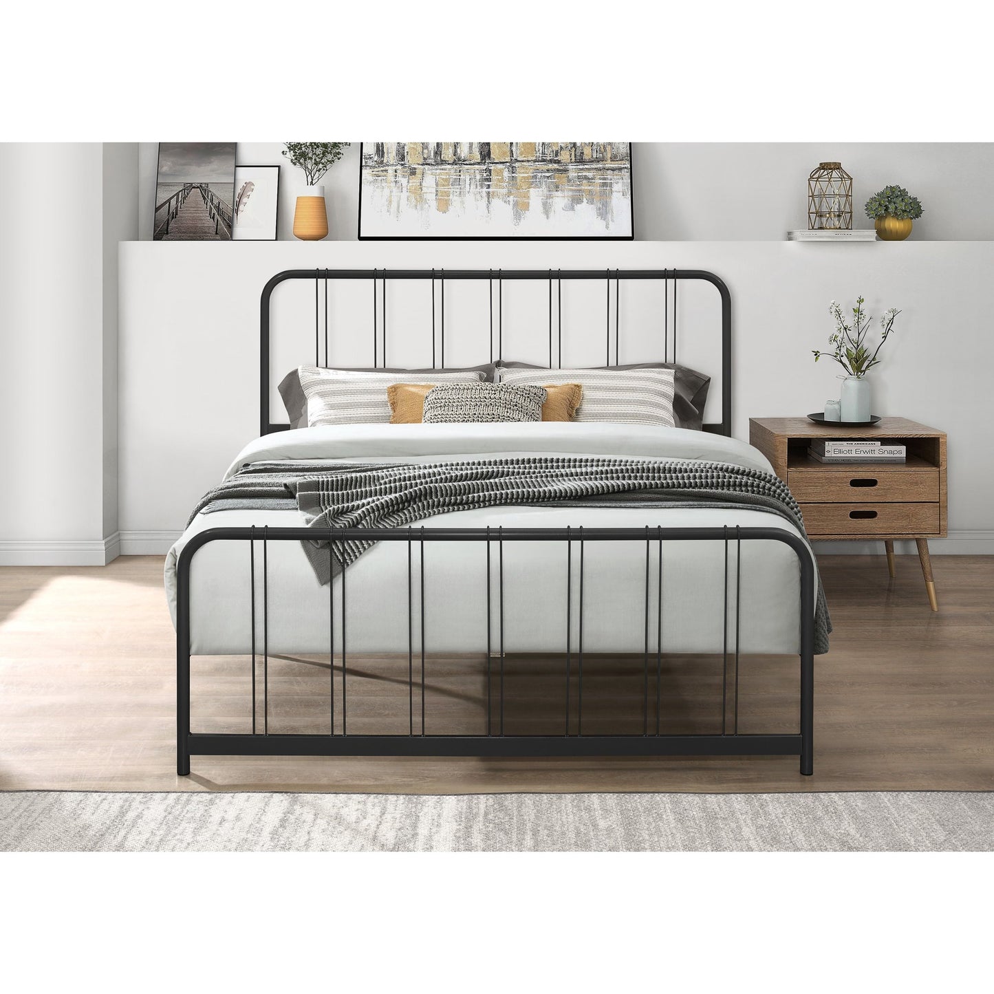 Diseño para el Hogar Debra King Base de Cama de Plataforma de Metal con Estructura Resistente y Diseño Calado, Negro, Fácil de Montar