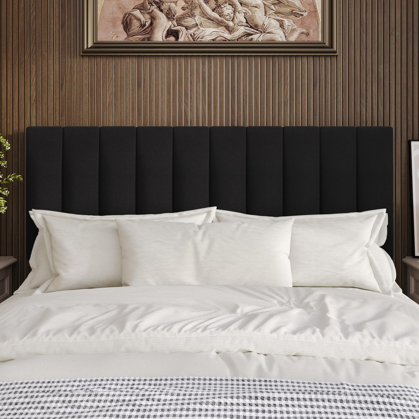 Home Design Dennis Queen Upholstered Headboard with Vertical Channel Design, Adjustable Height, Black
