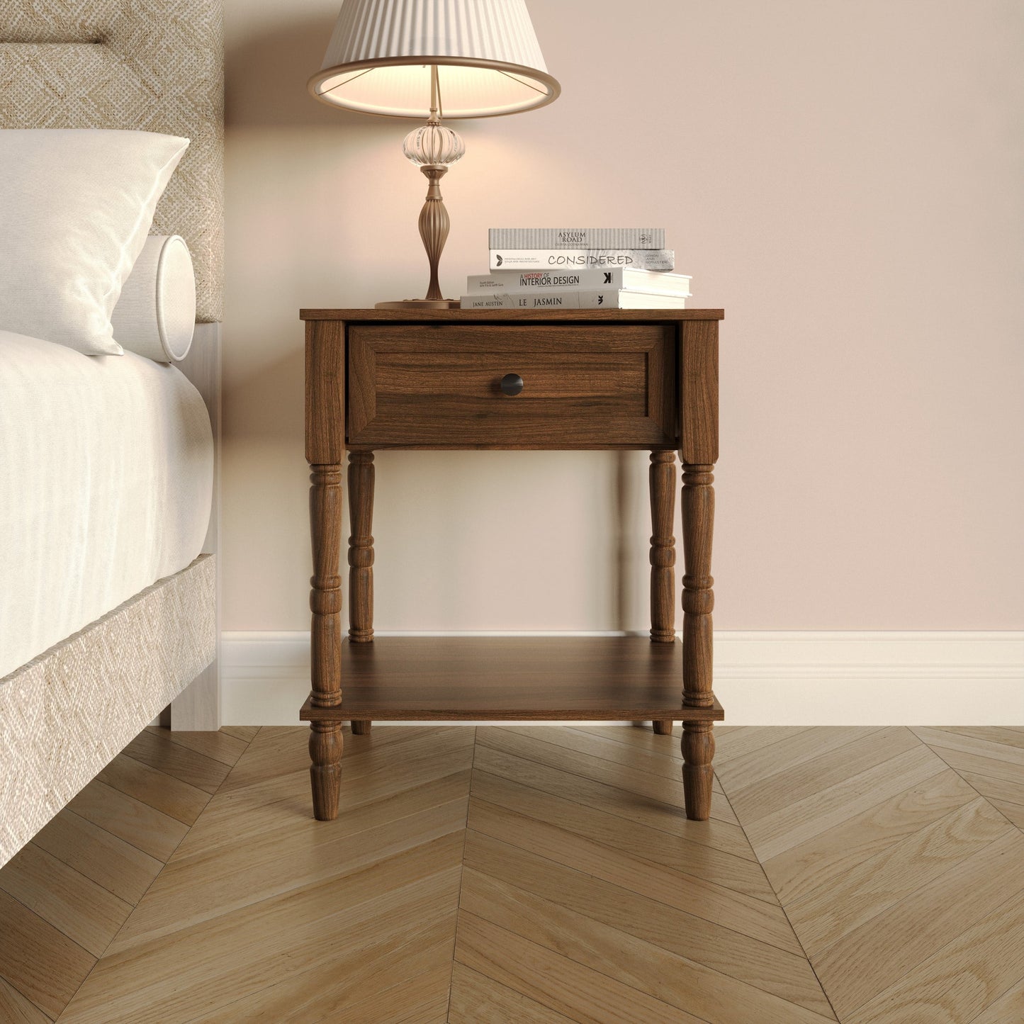 Home Design Rumford Mesa de Noche de 1 Cajón para Adulto, Mesa de Noche Moderna con Almacenamiento, Acabado Marrón